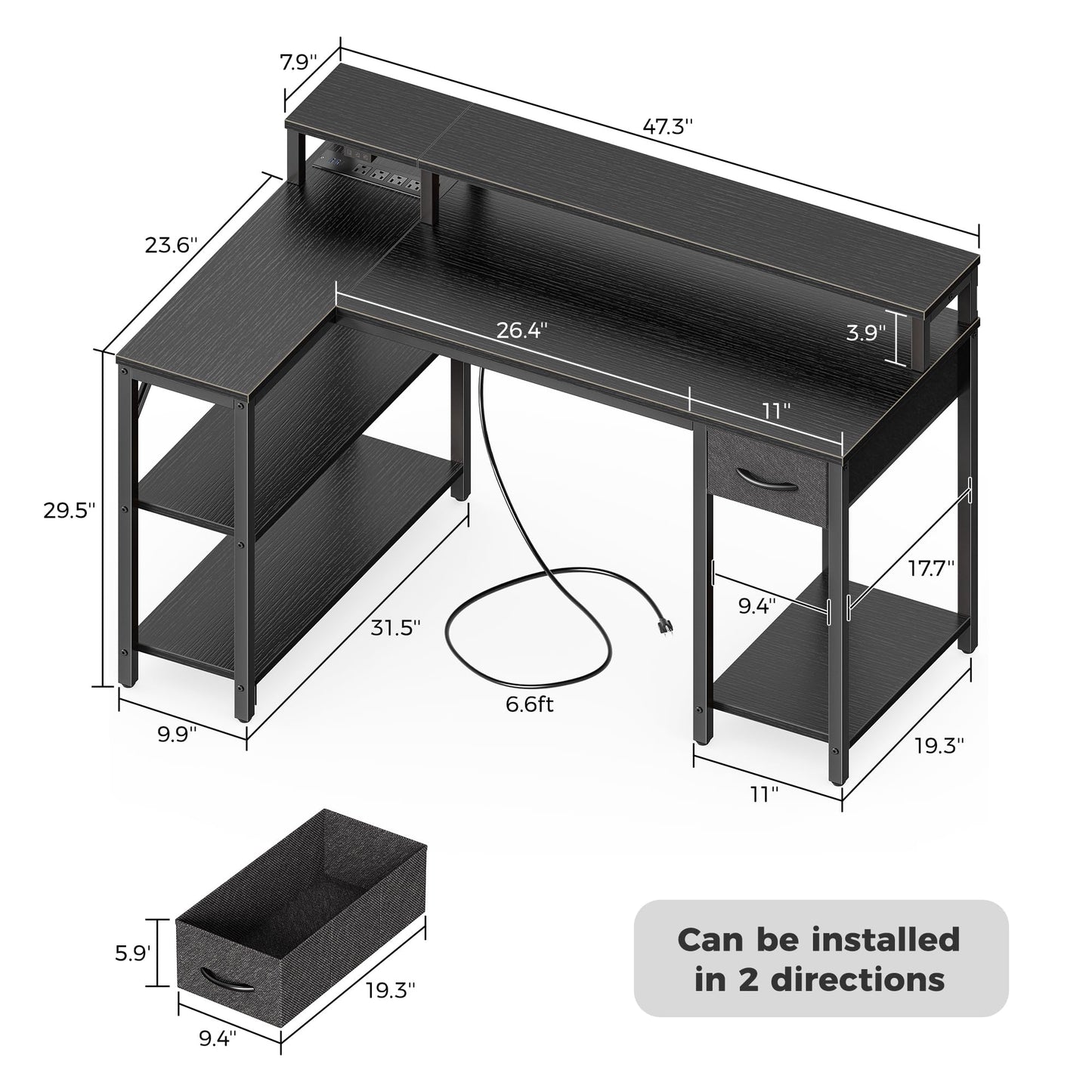 SUPERJARE 47 inch L Shaped Gaming Desk with LED Lights & Power Outlets, Reversible Computer Desk with Shelves & Monitor Stand, Corner Desk with Drawer, for Home & Office, Black