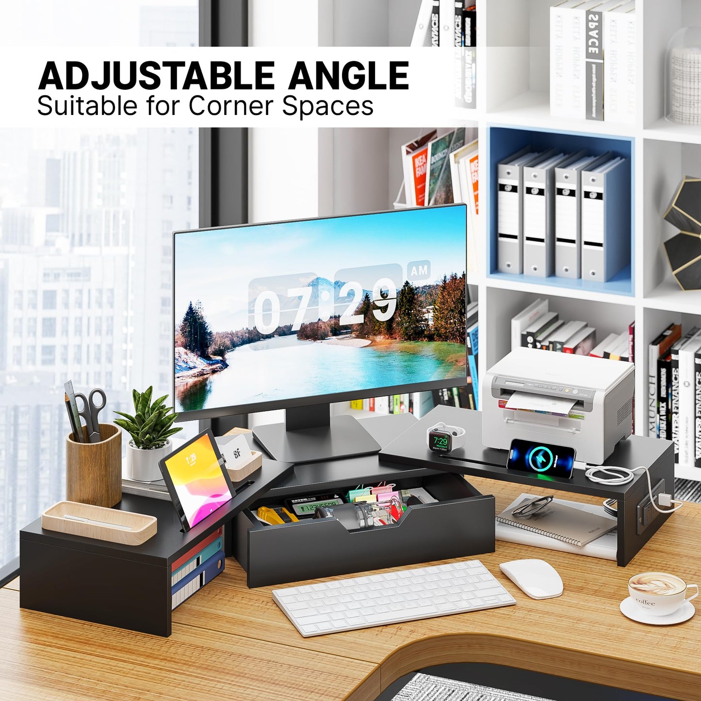 Elephance Dual Monitor Stand with USB Ports,Wood Computer Monitor Stand Riser with Drawer,Adjustable Desk Shelf,Desk Organizer for Computer,Laptop,No Assembly Required,Black