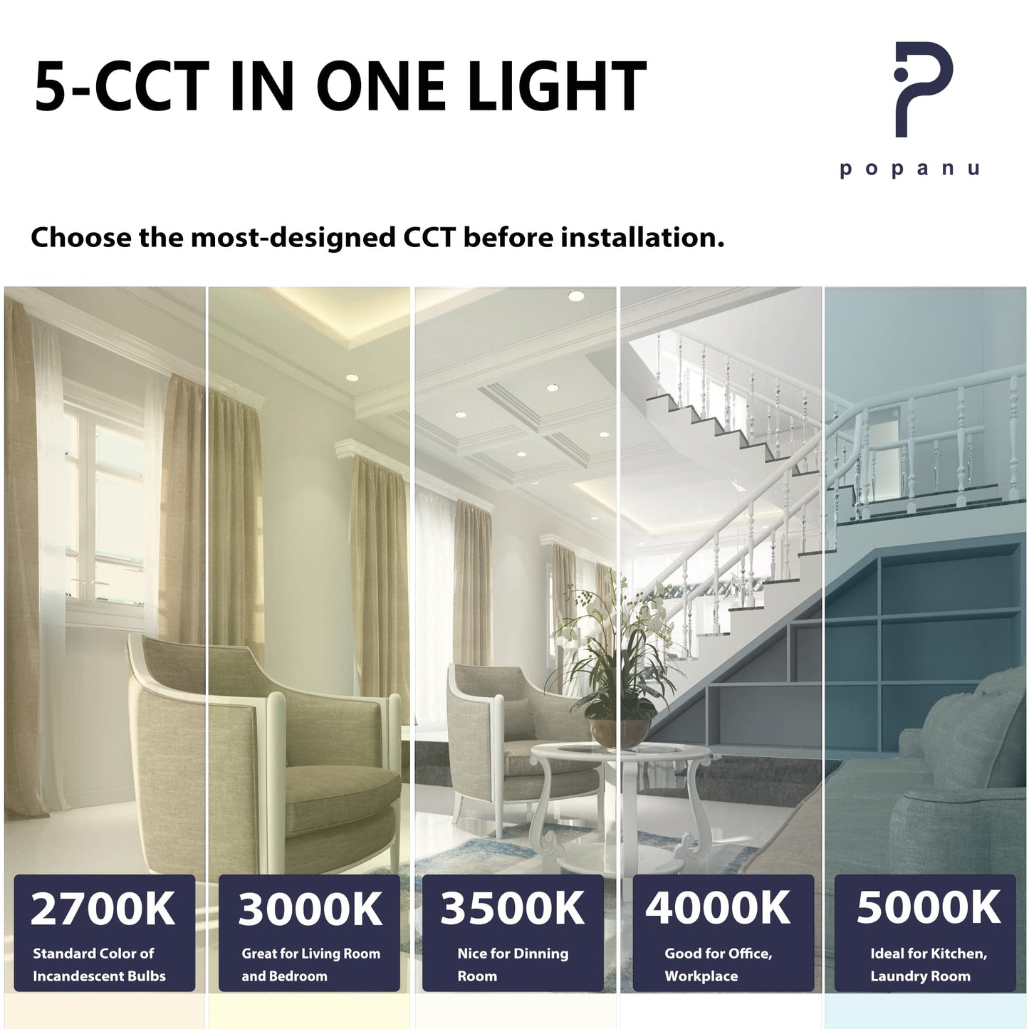 POPANU LED Canless Recessed Downlight Ultra-Thin 6 Inch 5 CCT Adjustable Ceilling Light with Junction Box, 12W Color Temperature Selectable Lighting Fixture, Dimmable, 6 Pack, Brushed Nickel
