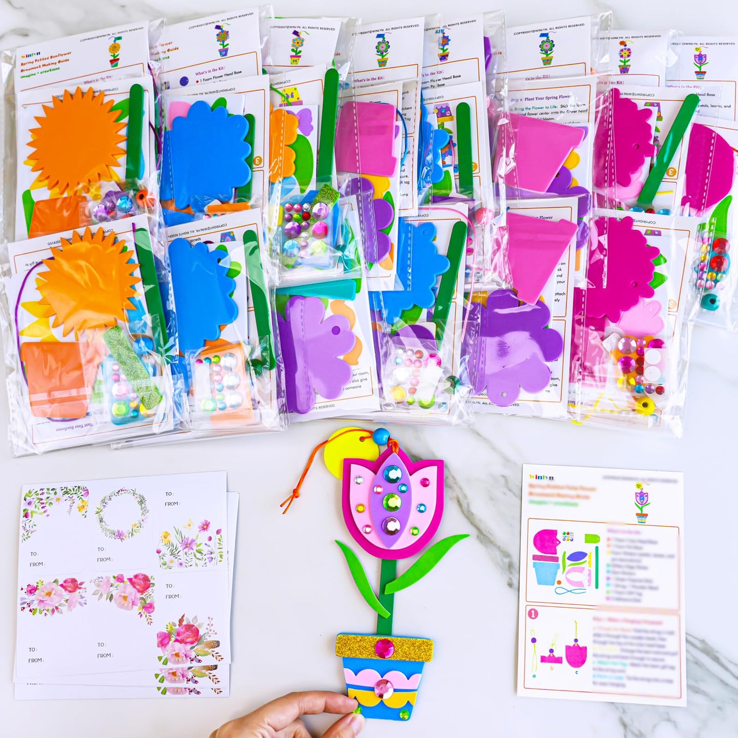 Winlyn 24 Sets Spring Potted Flower Craft Kits Kids Crafts DIY Potted Flower Ornaments Decorations Art Set Spring Flower Tulip Sunflower Stickers for Home Classroom Activities Party Favors