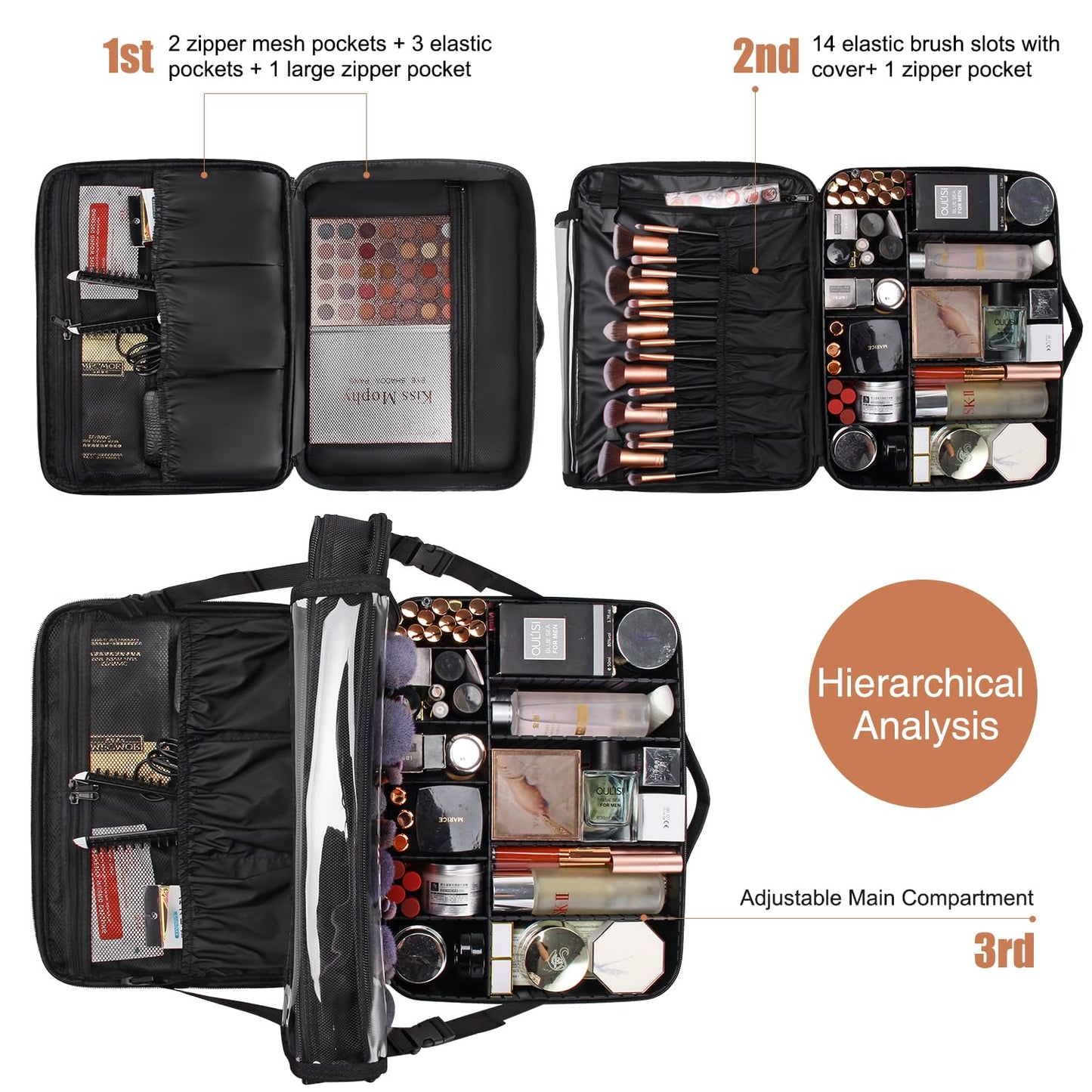 Relavel Large Makeup Organizer Profession Makeup Bag Extra Large Makeup Case with Adjustable Dividers, Adjustable Angle Fixed Belt and Shoulder Strap Plastic Dividers