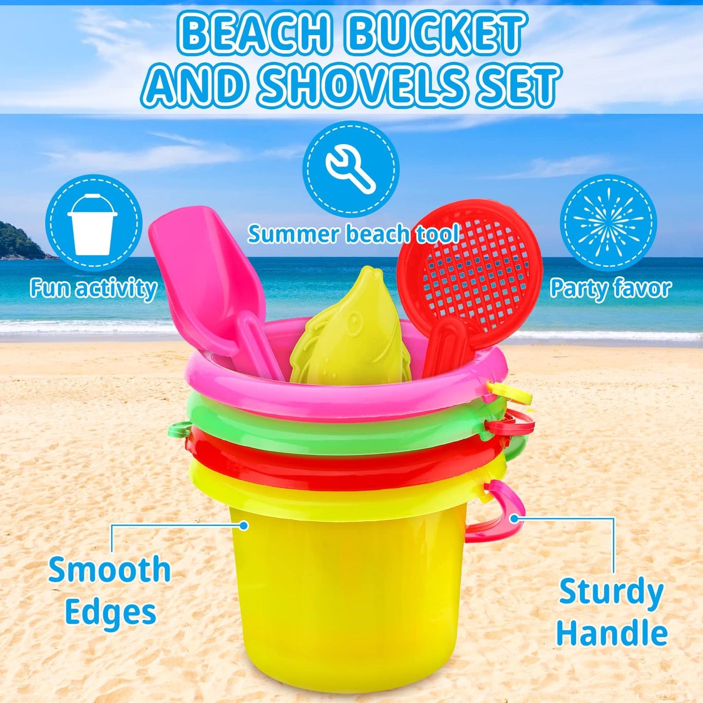 Jexine 96pcs Beach Party Favors for Kid 24 Set Sand Buckets and Shovels for Bucket Party Favor Sand Box Play Set and Mini Beach Pail Includes Shovel, Rake, Scoop Summer Outdoor Toys for Toddlers