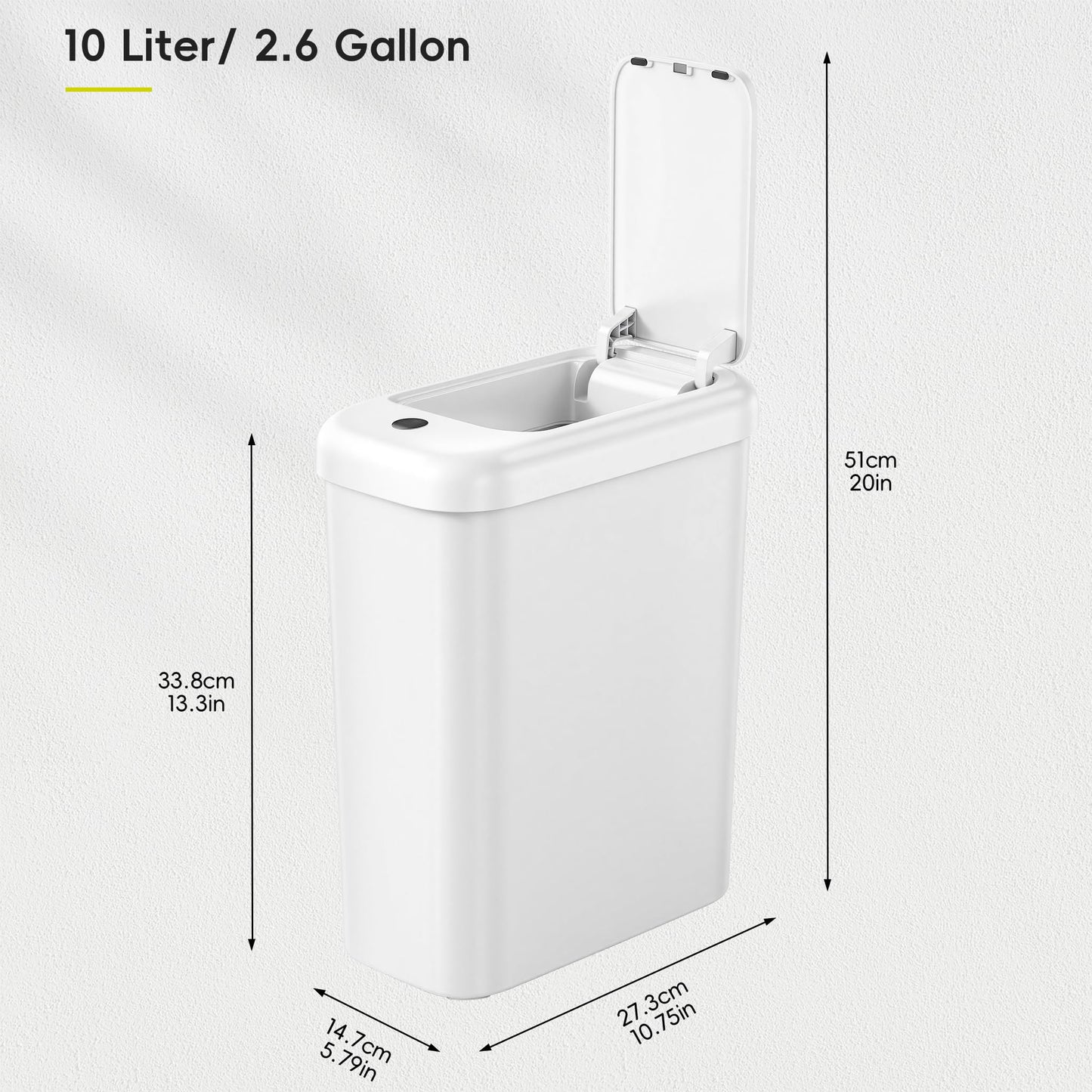 EKO Automatic Bathroom Trash Can with Lid, 2.6 Gallon Slim Touchless Garbage Can, Waterproof Motion Sensor Trash Bin for Bathroom, Office, Kitchen, White