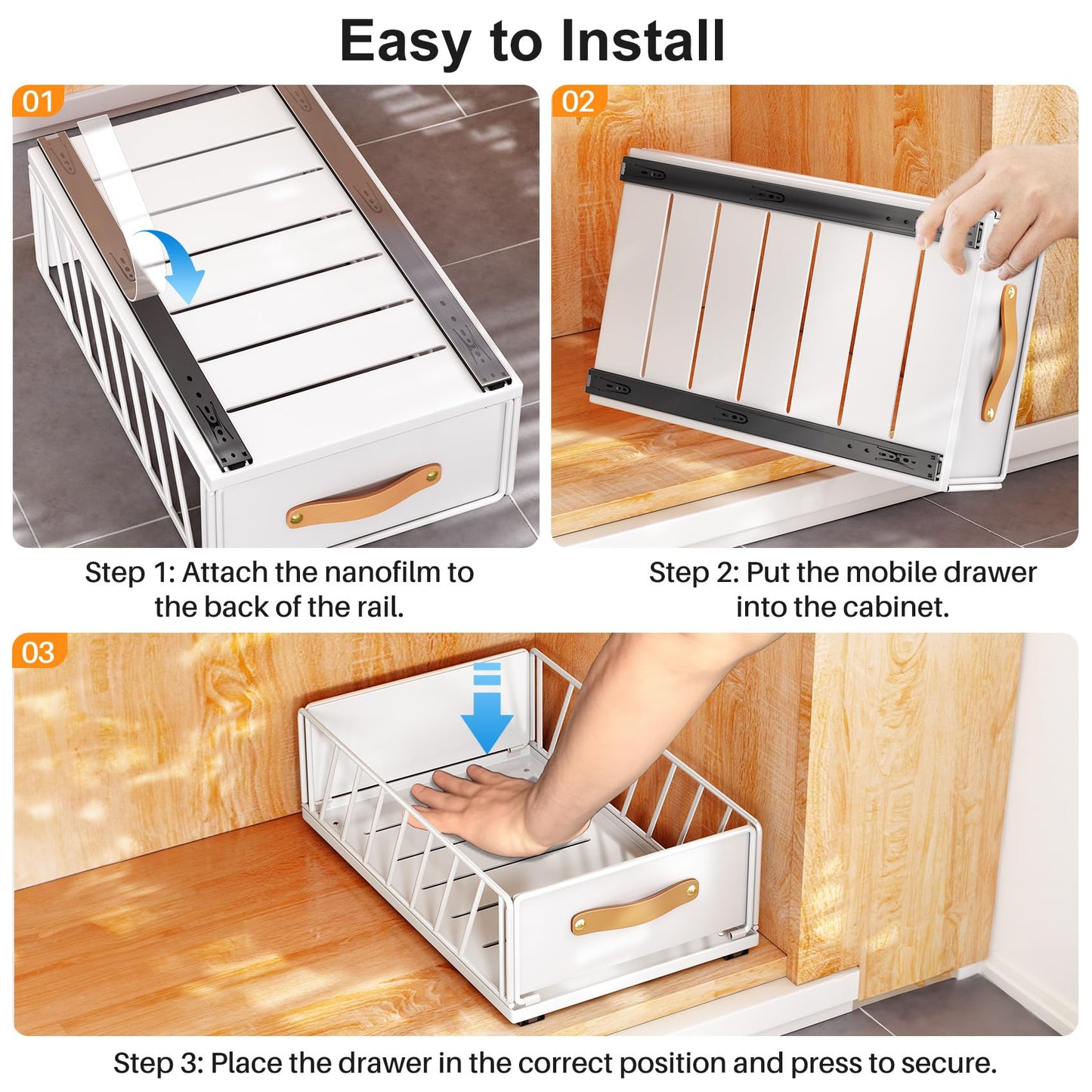 Pull out Cabinet Organizer Fixed with Adhesive Nano Film,Heavy Duty Slide out Pantry Shelves Drawer Storage,Sliding Mesh Cabinet Basket with Handle for Kitchen, Bathroom,Home, 13.8"W X 21"D X6.2"H