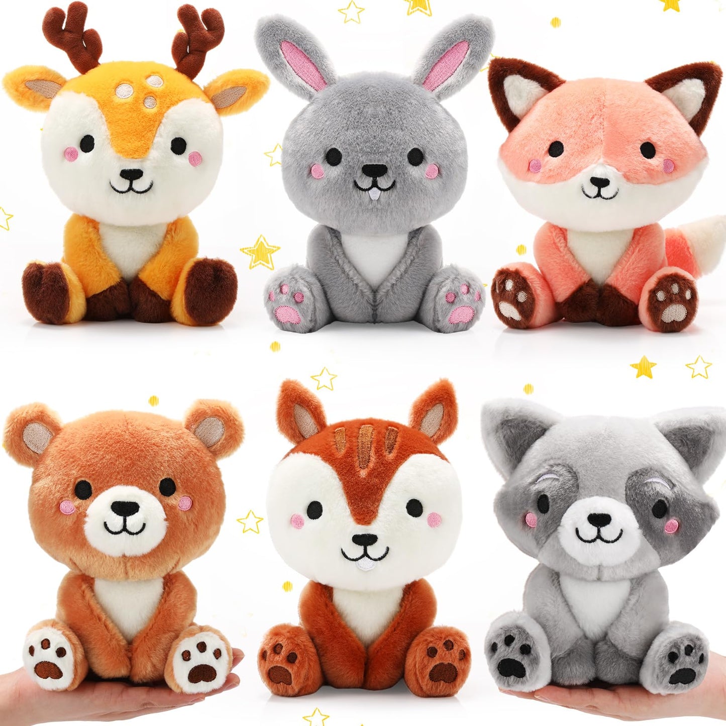 RoundFunny 6 Pcs Woodland Animals Plush Toys 7 Inch Bear Rabbit Squirrel Deer Raccoon and Fox Stuffed Animals for Birthday Gifts Baby Showers Party Decor