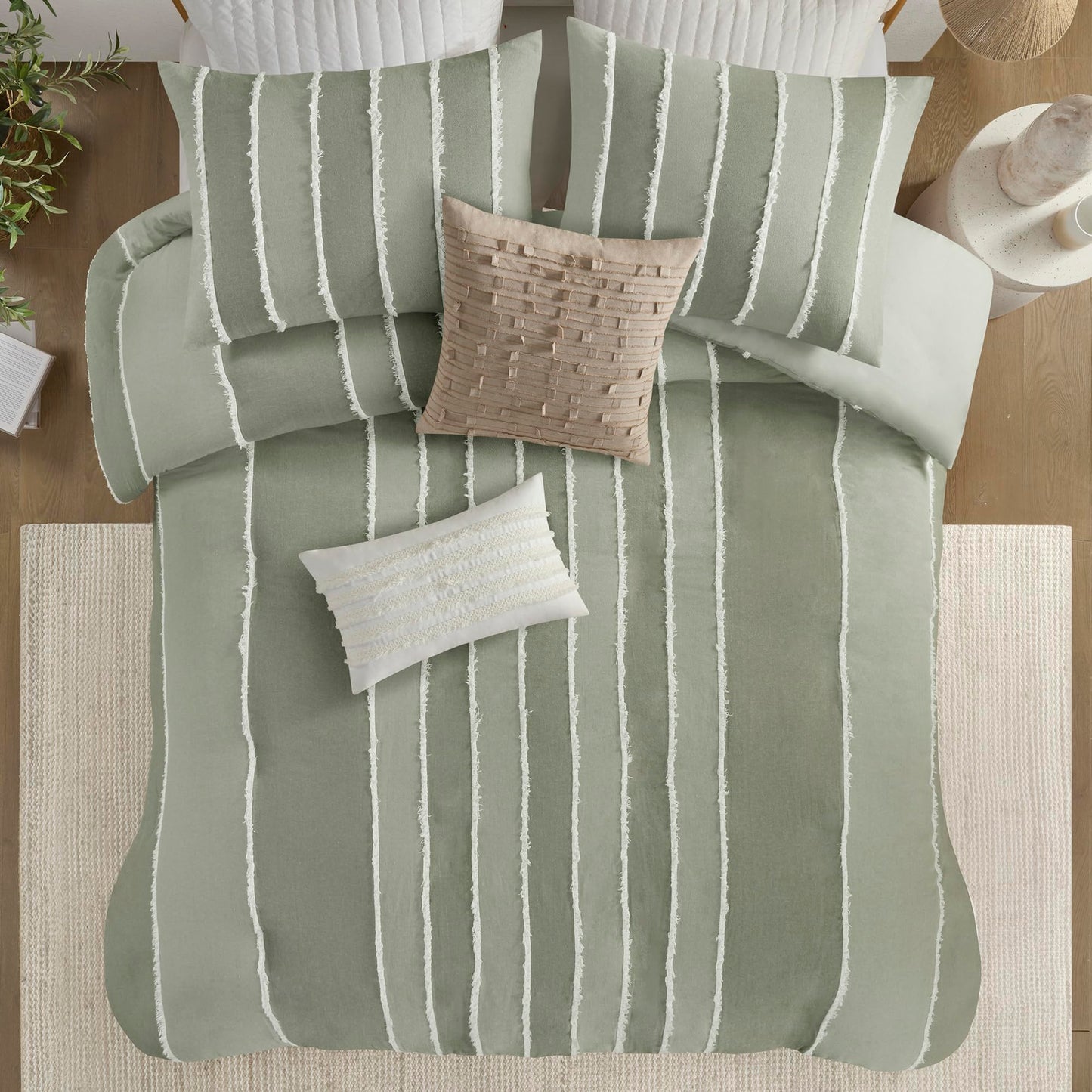 INK+IVY King Duvet Cover Set Boho Duvet Covers Stripes, Clipped Jacquard, Cotton Duvet Cover for King Size Bed, All Season Lightweight King Bedding Cover & Shams, Shay, King/Cal King, Sage 3 Piece