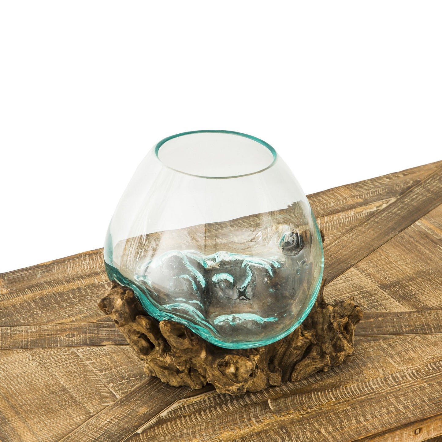 Cape Craftsmen 10" H Hand-Blown Blue Tinted Bubble Glass On Natural Teak Driftwood Terrarium | Home Décor Indoor Planter with Stand | Pot for Succulent and Plants