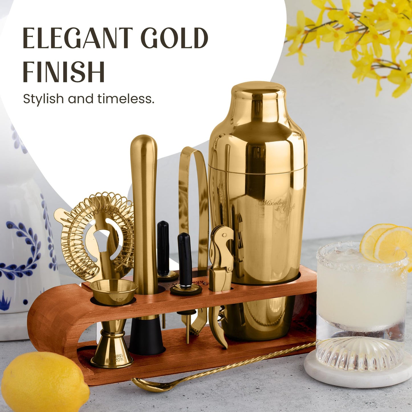 Mixology Bartender Kit: 10-Piece Bar Tool Set with Bamboo Stand | Perfect Home Bartending Kit and Martini Cocktail Shaker Set For a Perfect Drink Mixing Experience | Fun Housewarming Gift (Gold)