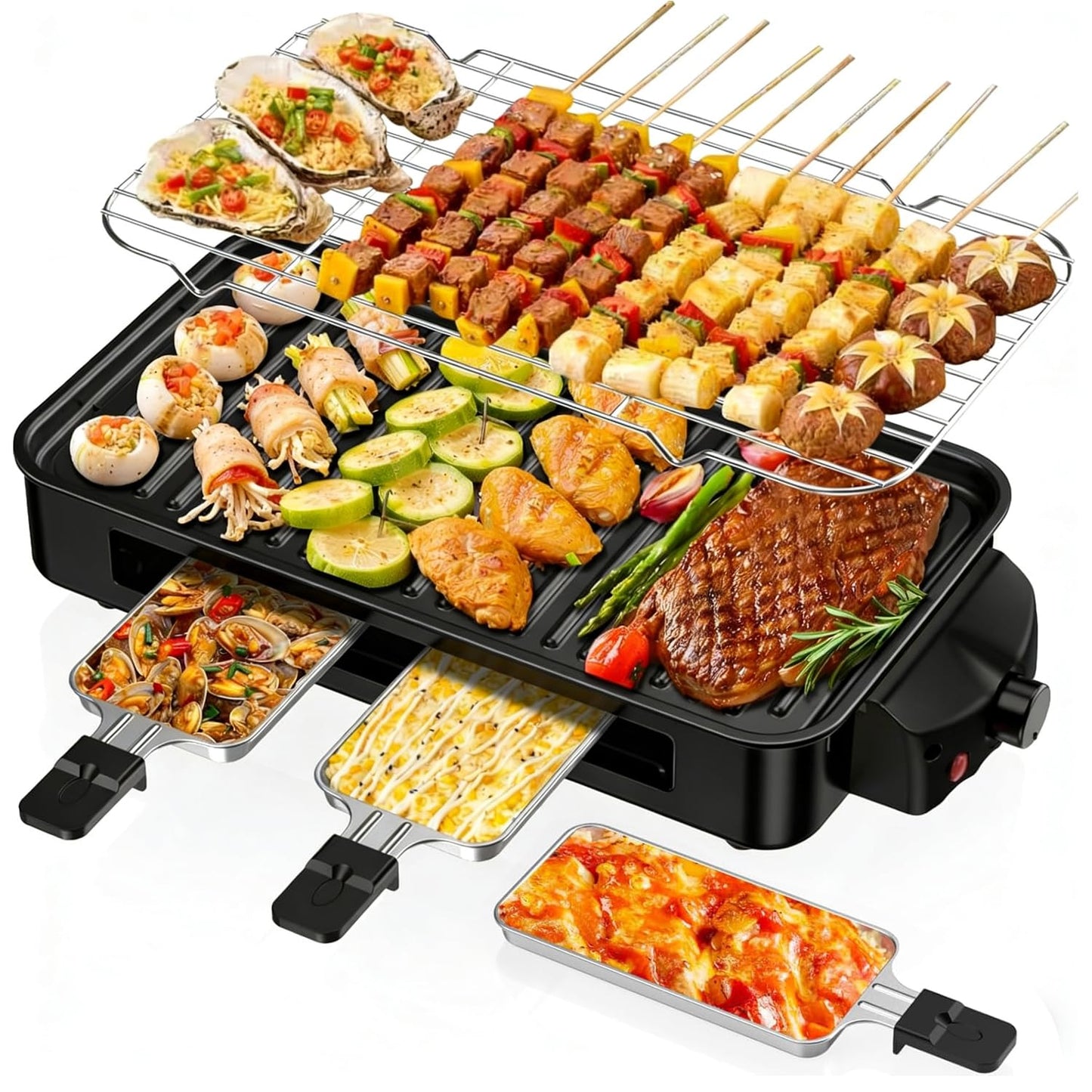 Electric Indoor Grill 1700W, 2 in 1 Smokeless Indoor Grill for Kitchen with Non-stick Removable Grill & Griddle Plate,Temperature Control Korean BBQ Grill with 3 Cheese Pans Dishwasher Safe