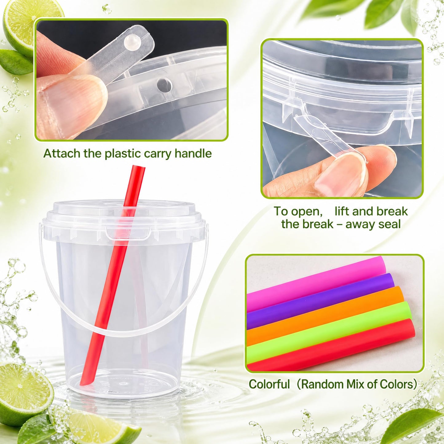 Qsqwsuye 30Sets Disposable Cups With Lids and straws 34oz Drink Buckets with Handles for Outdoor HolidayTravel Wedding Birthday Party Supplies