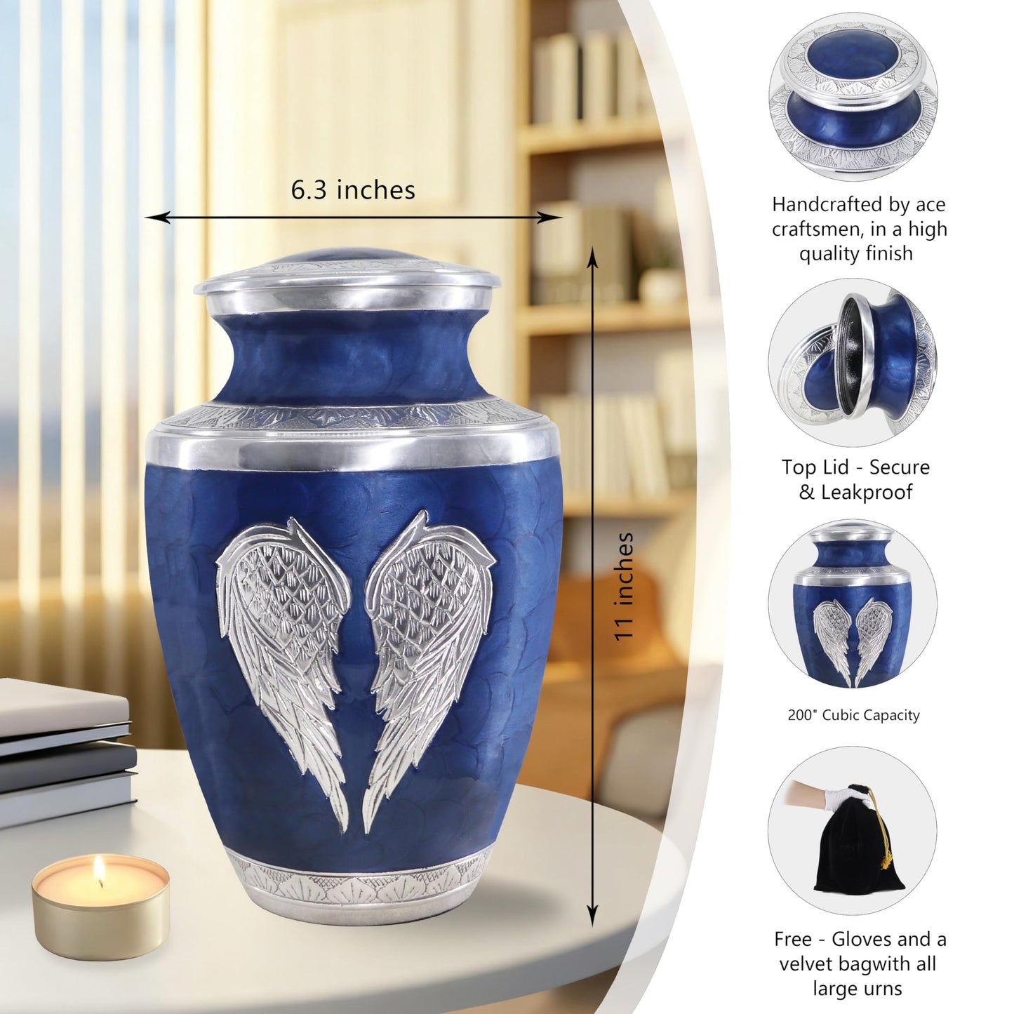 M MEILINXU Urns for Human Ashes Adult Man & Women, Cremation Urn for Ashes Adult Male & Female, Burial Urn, Decorative Urns for Funeral, Silver Engraved Angel Wings, Dark Blue and Silvery - Large