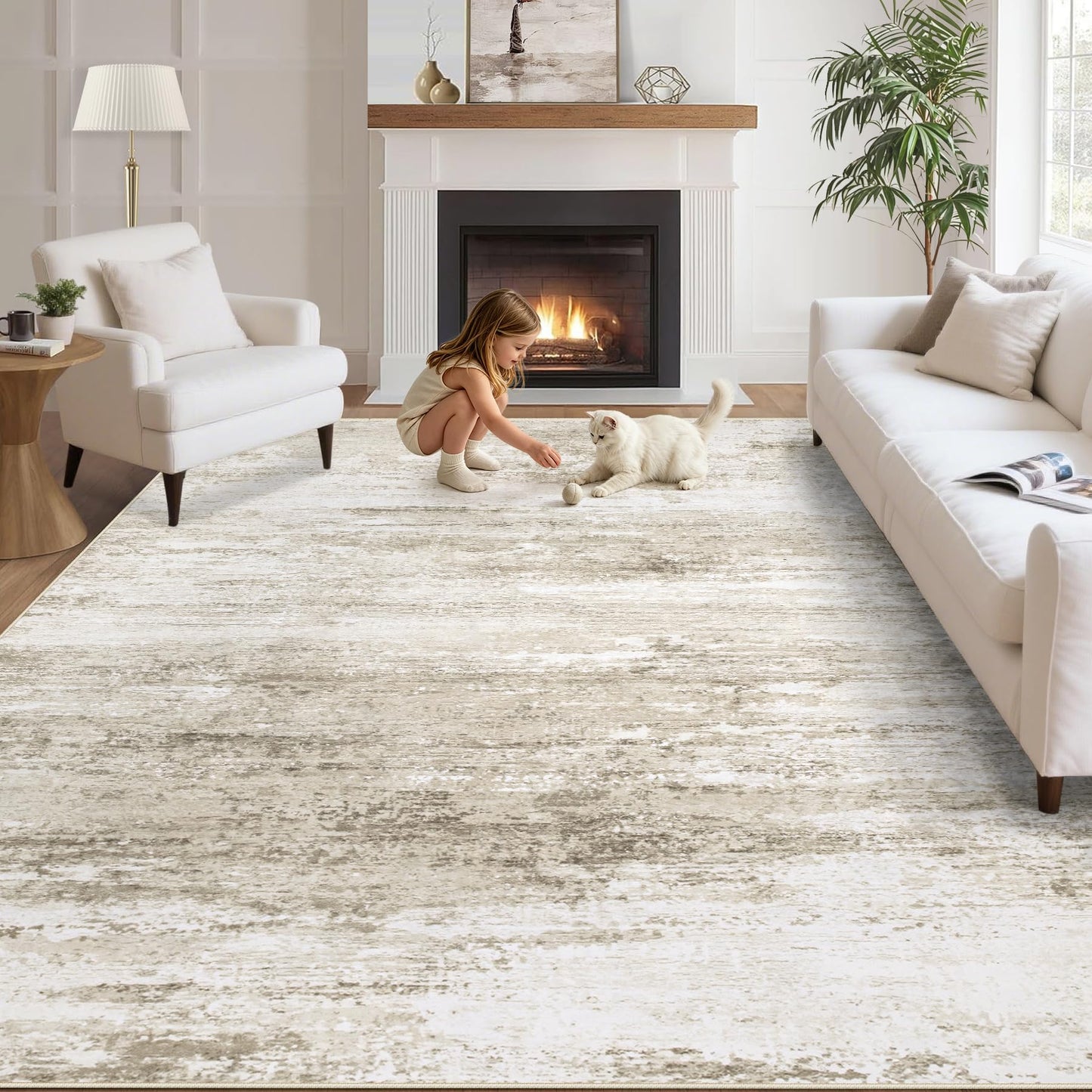 Washable Rug 5x7 Area Rugs for Living Room: Neutral Soft Rug Abstract Non Slip Low Pile Modern Carpet for Bedroom Kitchen Nursery Office Dining Room Indoor (Beige, 5'x7')