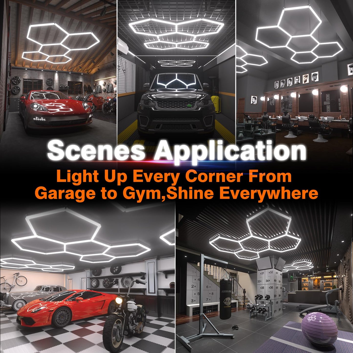 Litezone Hexagon Garage Lights : 3 Level Dimmable 168W Tube 5 Grids Hexagon LED Lights - Easy Install 6500K Super Bright Hex Lights for Garage, Home Gym, Shop, Workshop, Basement, Studio