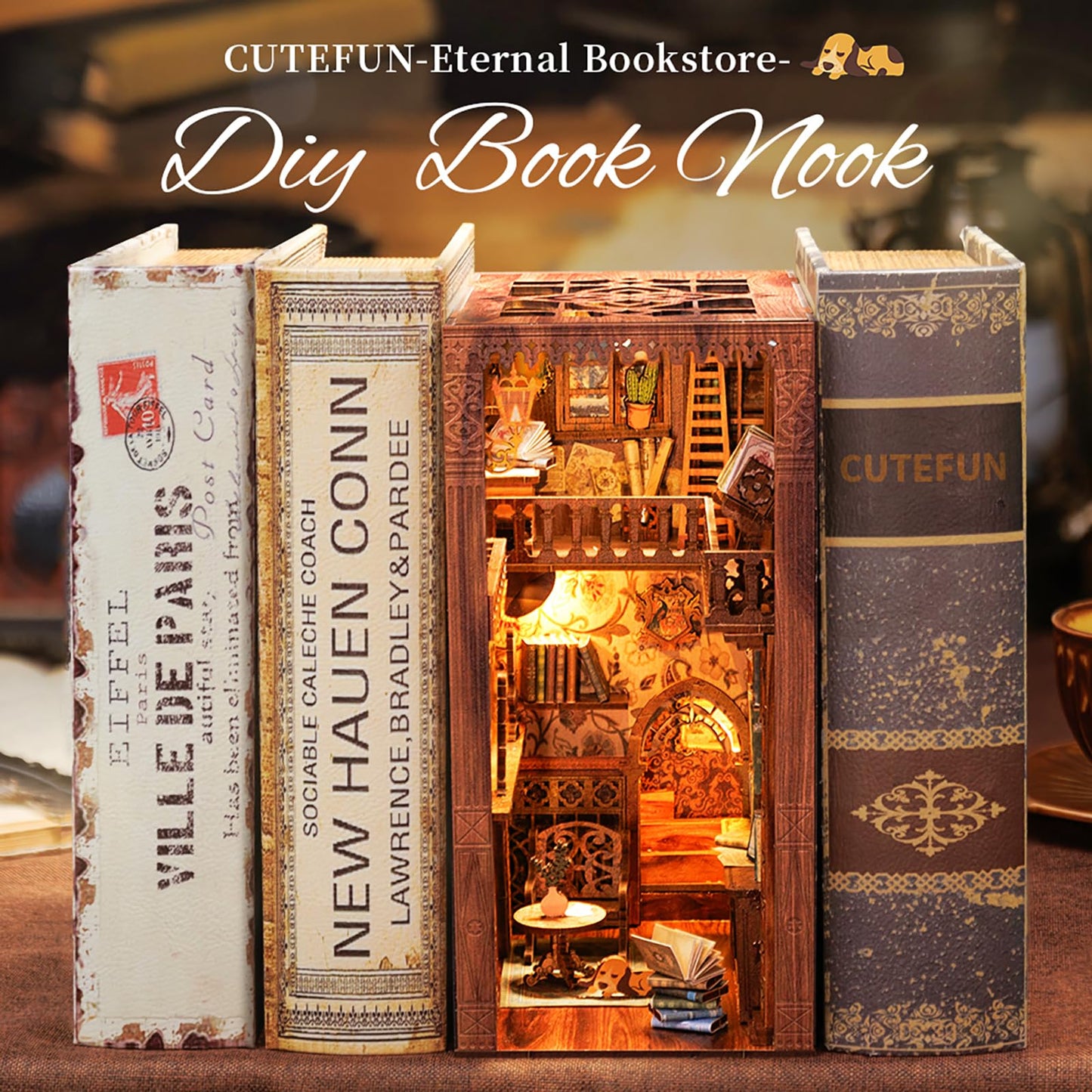 Cutefun Book Nook Kit, DIY Miniature House Kit for Adults, 3D Wooden Puzzle Bookend Bookshelf Insert Decor with LED Light and Dust Cover, Booknook Gifts for Book Lovers (Eternal Bookstore)