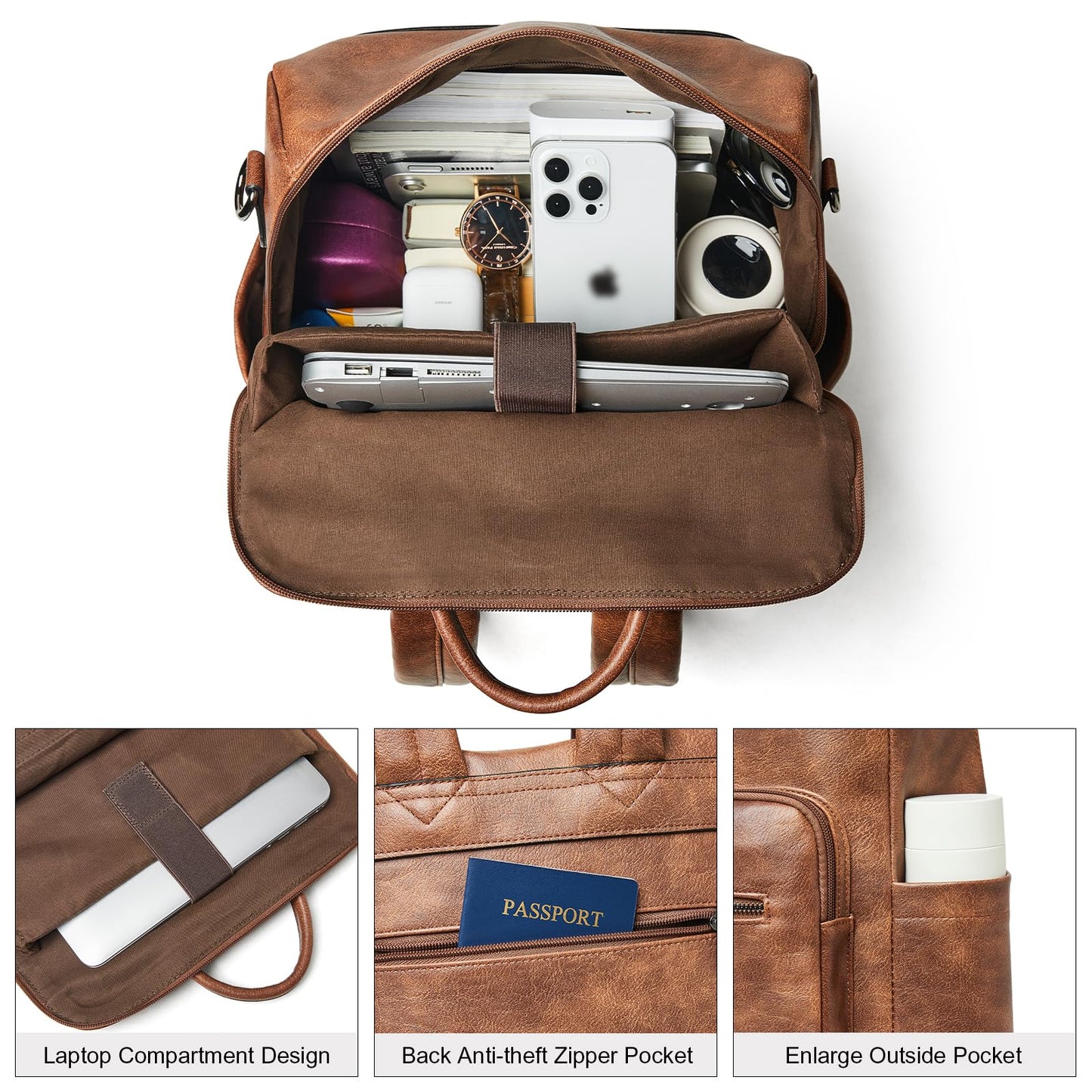 Shrrie 15.6 inch Laptop Backpack for Women,Large Leather Backpack Purse,Travel,Carry on,Water Resistant Casual Laptop Backpacks,College Backpack,Work Backpack for Women,Two-toned Brown