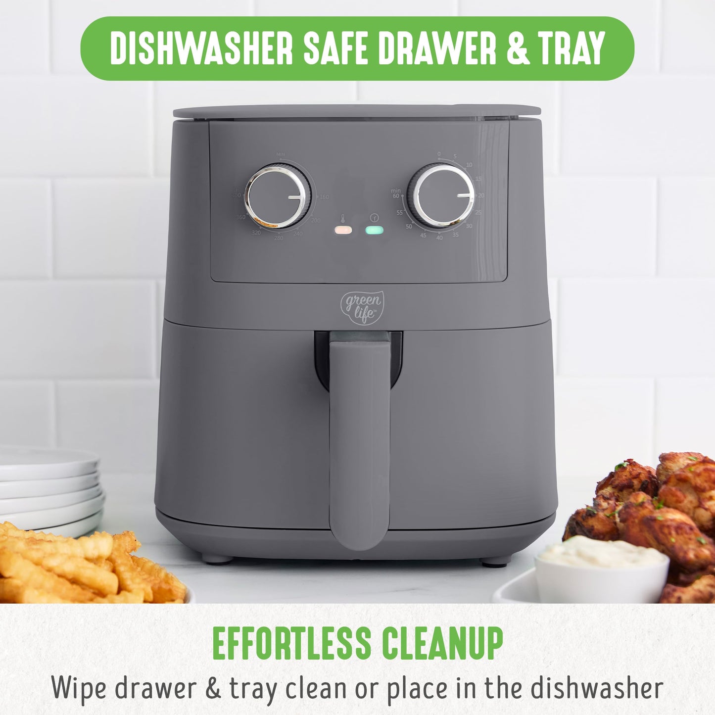 GreenLife 4.5QT Air Fryer, Mechanical Dial Controls, PFAS-Free Ceramic Nonstick Drawer, Adjustable Temp & Timer, LED Indicator, Oil-Less Cooking, Dishwasher Safe, Compact Family Size, Graphite