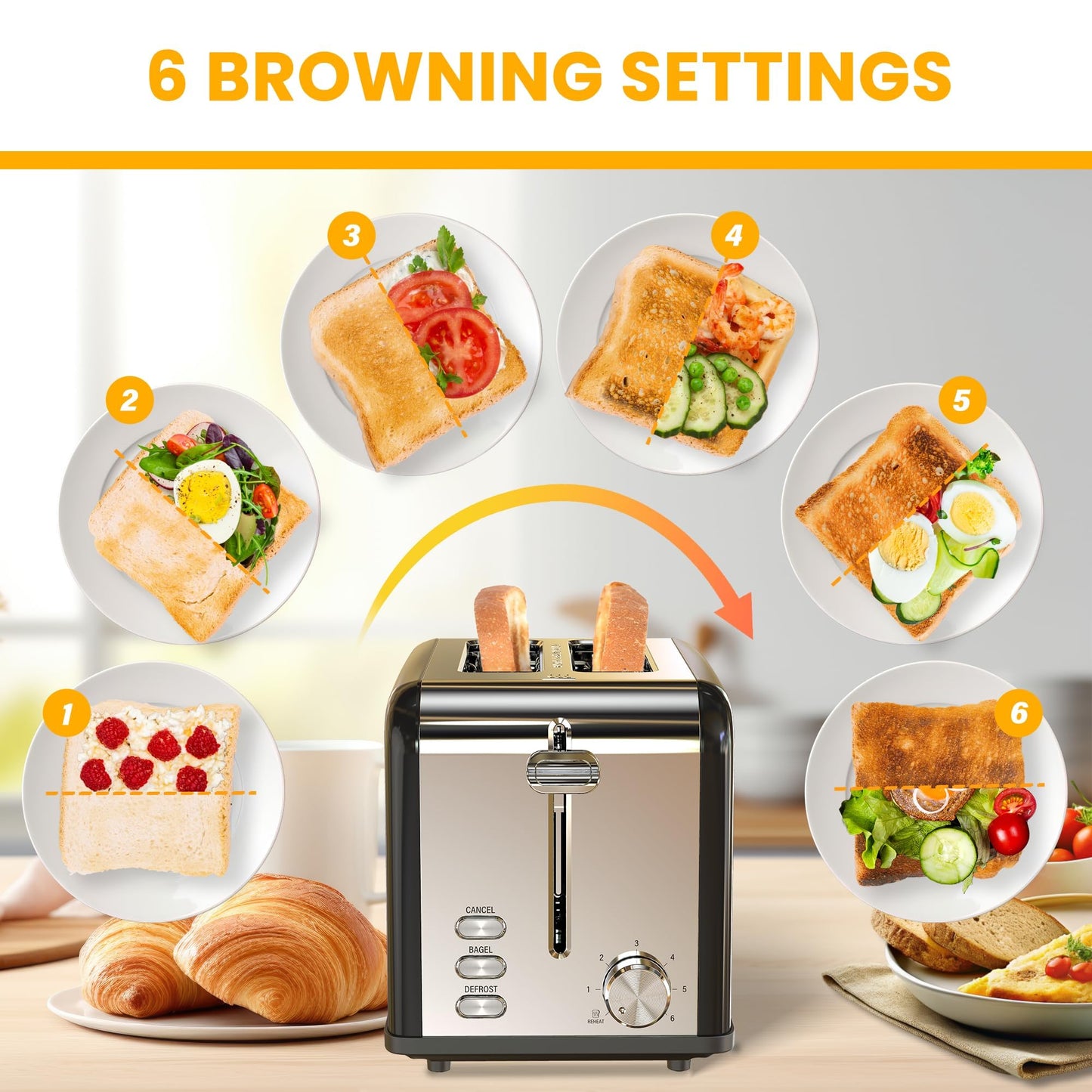 Simple Deluxe 2-Slice Toaster, Stainless Steel Toaster, 6 Browning Setting and 3 Function, Extra Wide Slot & Removable Crumb Tray, for Bread & Waffle, Black