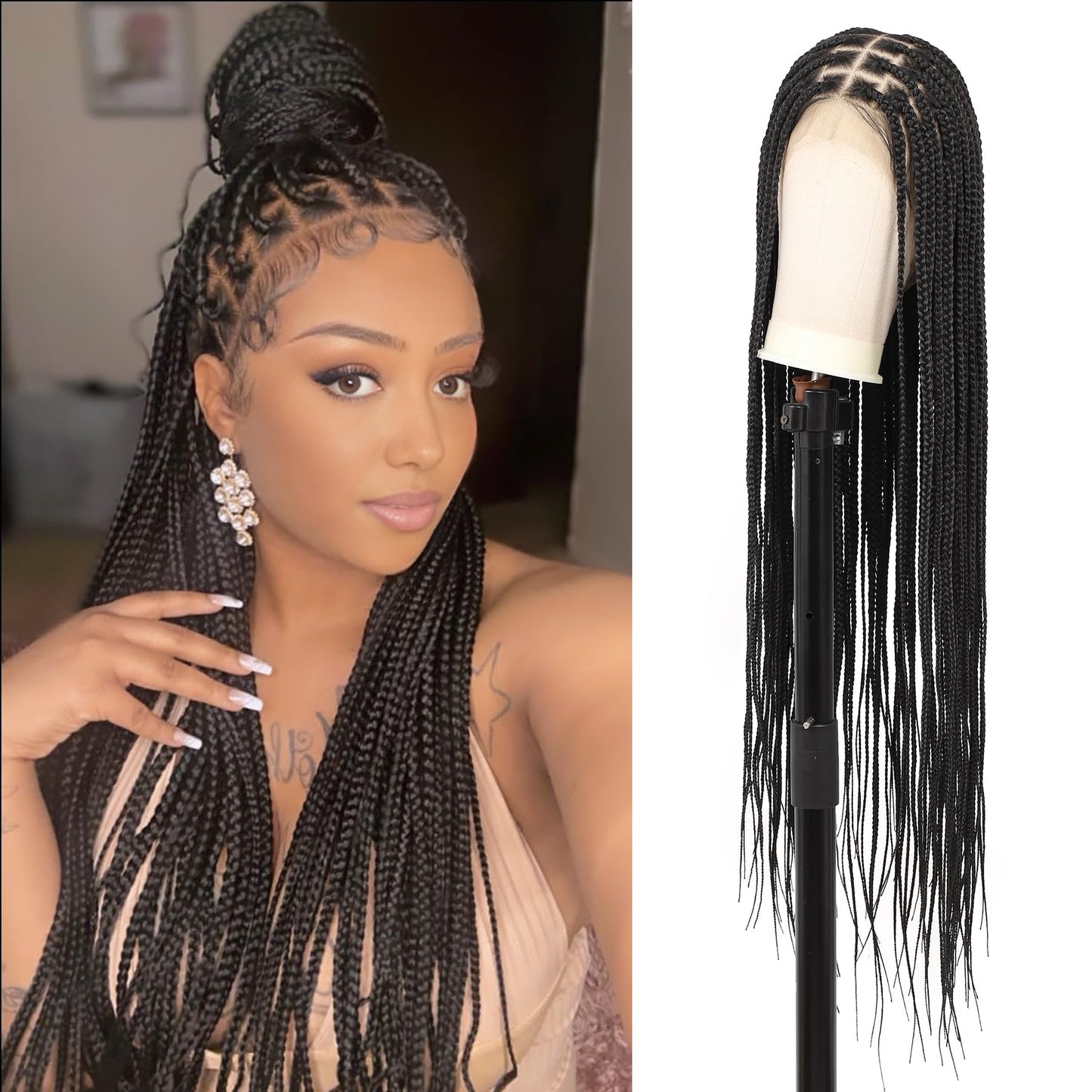 Youthfee 360° HD Full Lace Knotless Braided Wigs for Women Box Braided Wig with Baby Hair Human Hair Blended Natural Looking Braided Lace Front Wigs Black 36 Inch