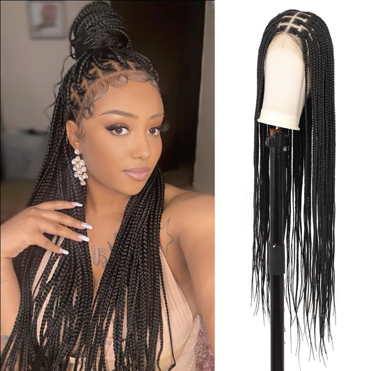 Youthfee 360° HD Full Lace Knotless Braided Wigs for Women Box Braided Wig with Baby Hair Human Hair Blended Natural Looking Braided Lace Front Wigs Black 36 Inch