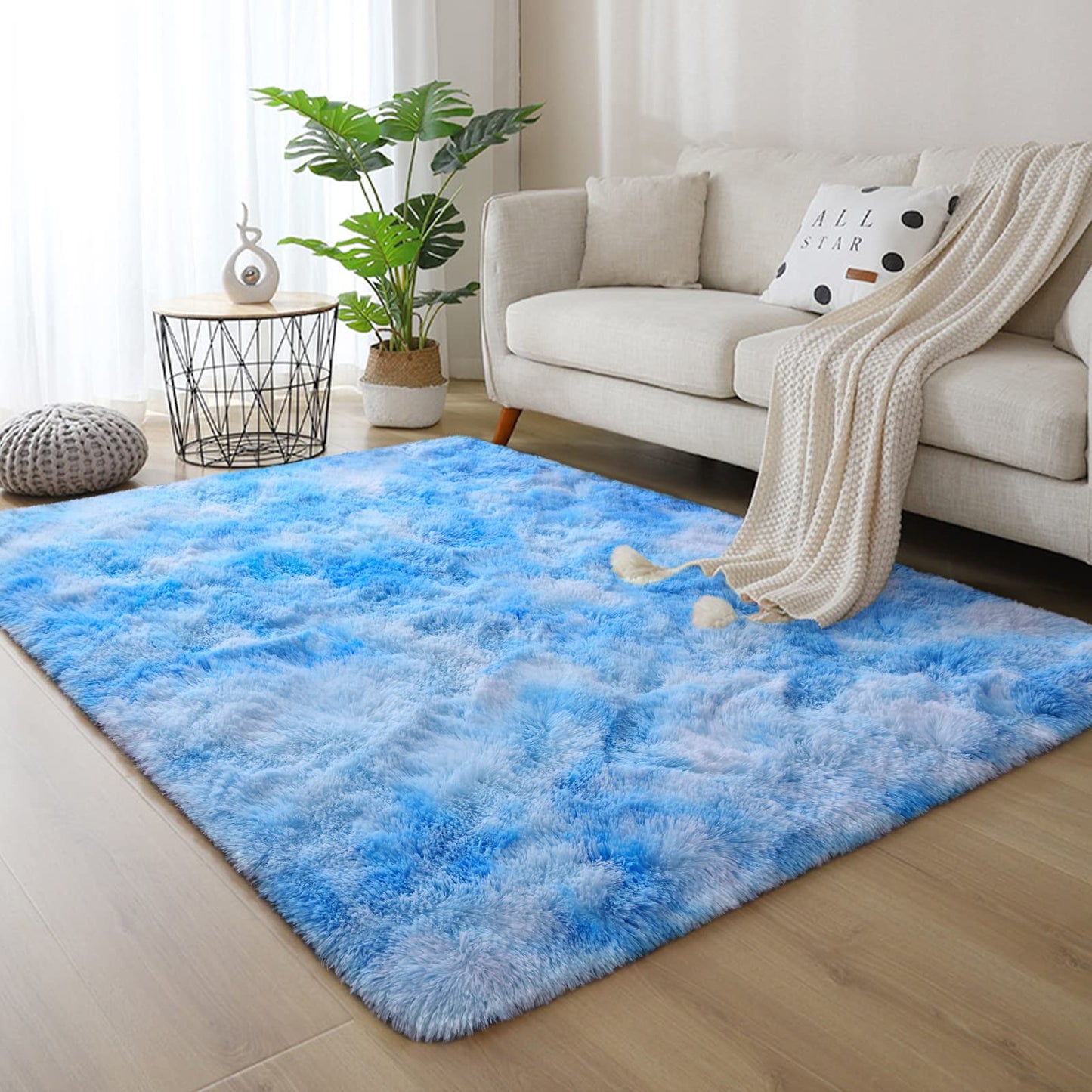 DweIke Fluffy Blue Shag Rugs for Bedroom Living Room, 6x9 Large Soft Plush Tie-Dyed Light SkyBlue Girls Boys Kids Rug, Upgraded Non-Slip and Machine Washable Carpet for Dorm Nursery Classroom Decor