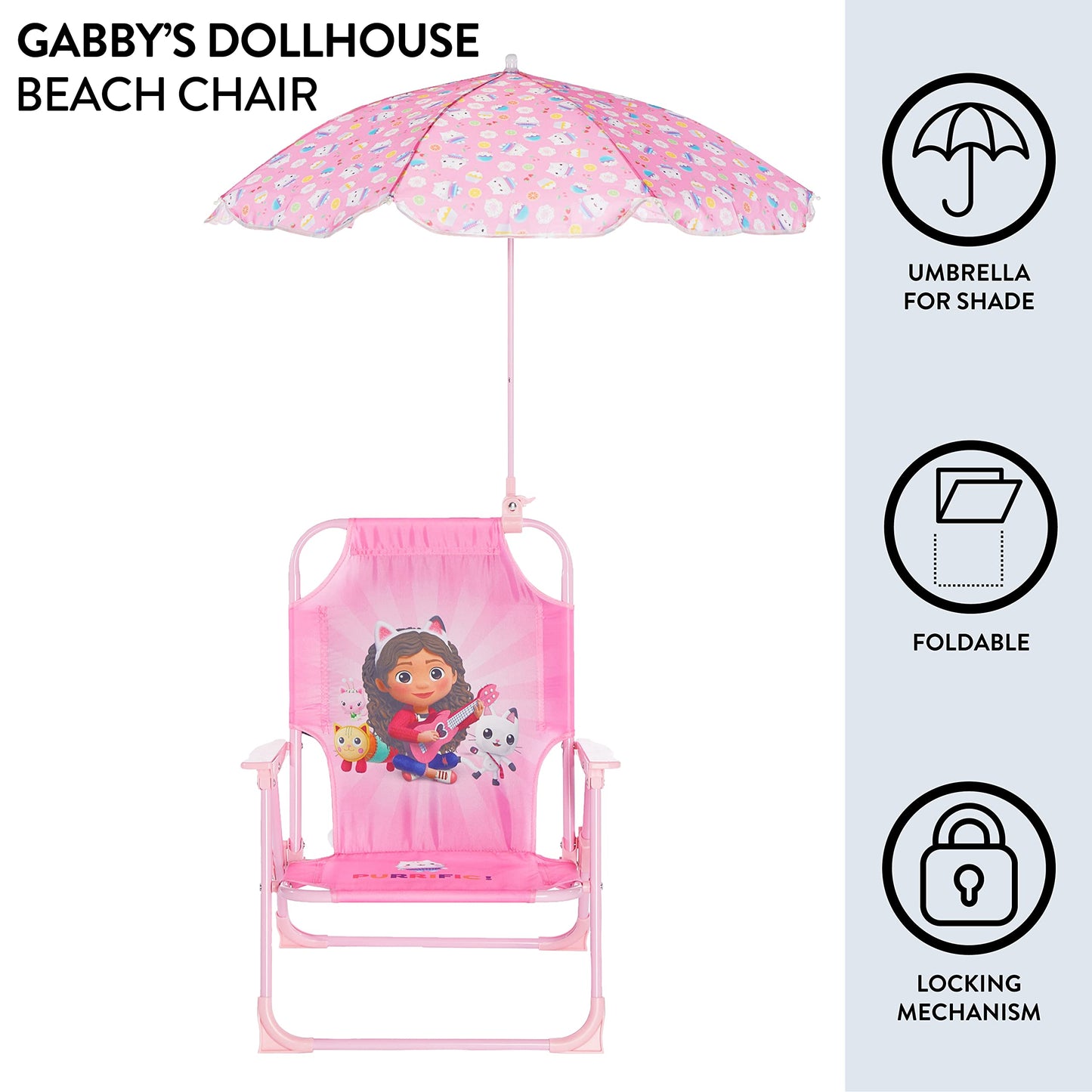 Idea Nuova Gabby’s Dollhouse Kids Folding Beach Chair with Umbrella, Outdoor Chair for Girls Ages 3+,Portable, Lightweight, UV Protection - Patio, Pool, Beach Travel Accessory