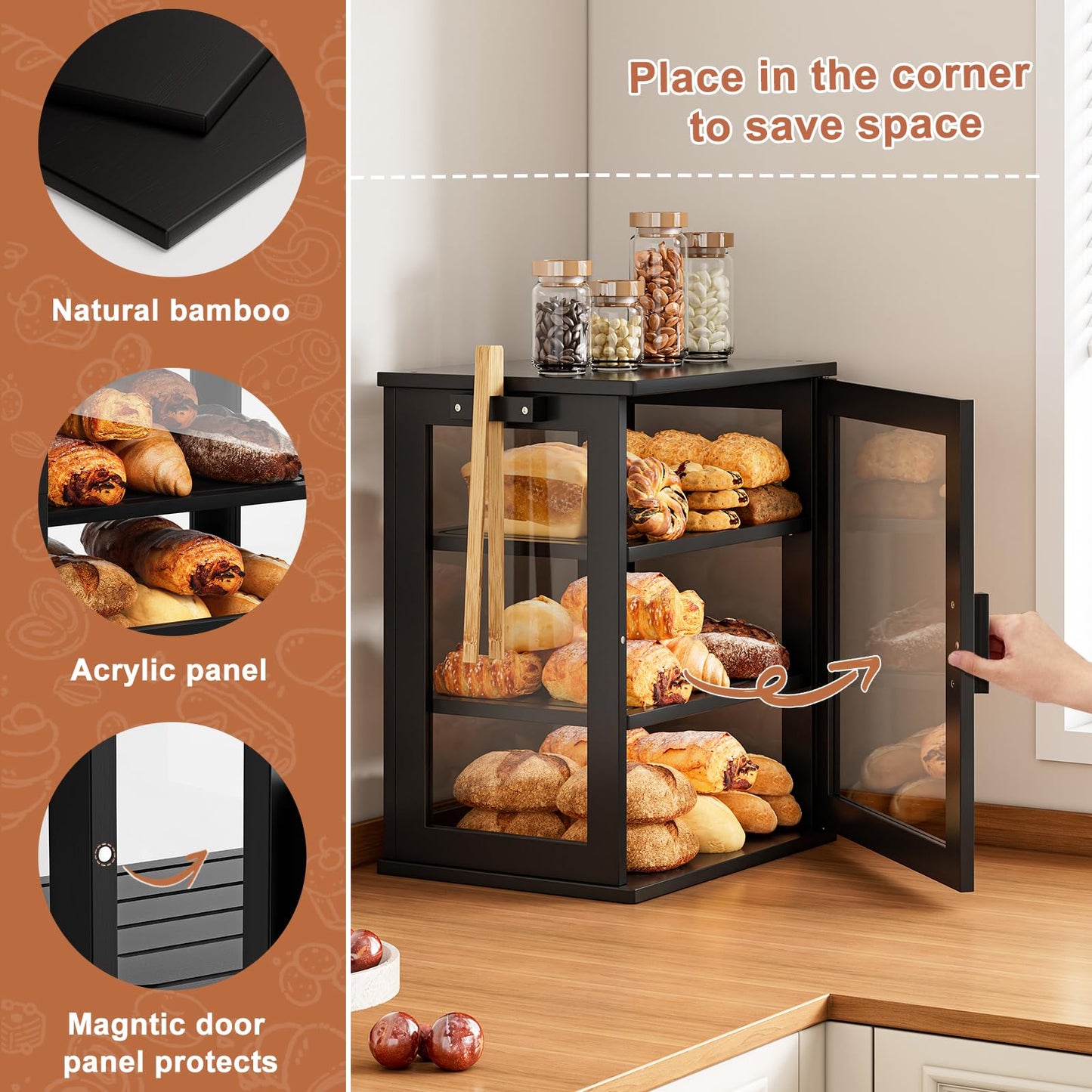 WOWLIVE Black Bread Box for Kitchen Countertop, Large 3 Layers Bread Storage Container for Homemade Bread with Window, Farmhouse Breadbox Organizer for Kitchen, Cabinet, Pantry (Black, Meduim)