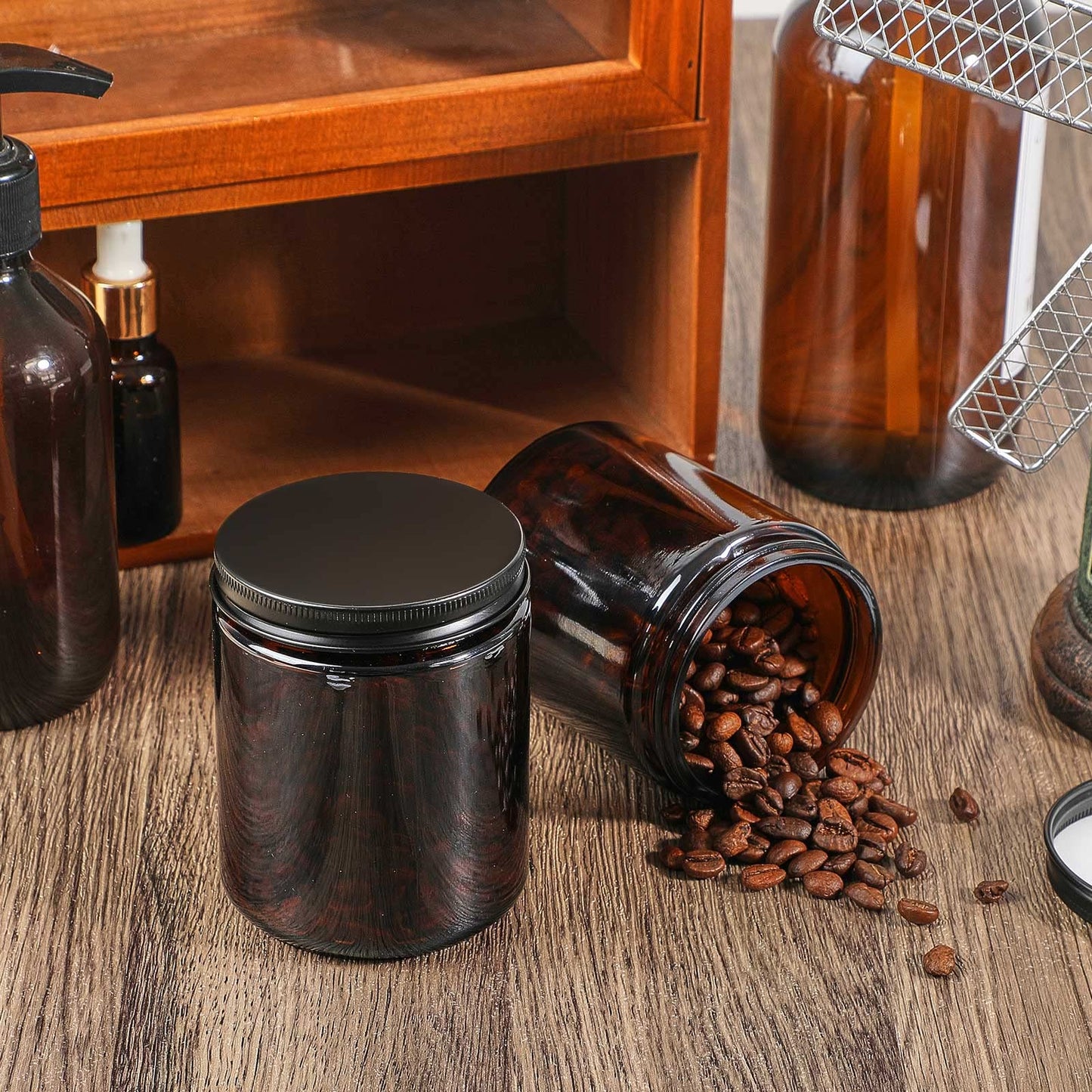 Lallisa 32 Pcs 8 oz Amber Glass Jars with Black Metal Lids Round Small Cosmetic Jars Round Glass Containers for Apothecary Body Butter Herbs Spice and Food Storage