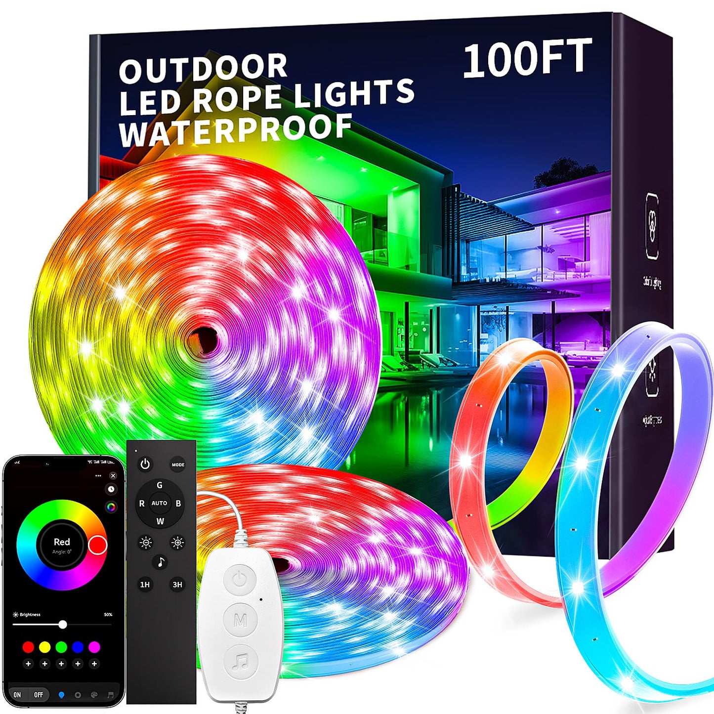 KSIPZE 100ft(2x50ft) Outdoor led Strip Lights Waterproof IP68, RGB Outdoor led Lights with Button & Bluetooth App Control, Music Sync, Timer, Exterior Led Rope Lights for Decor Balcony, Roof