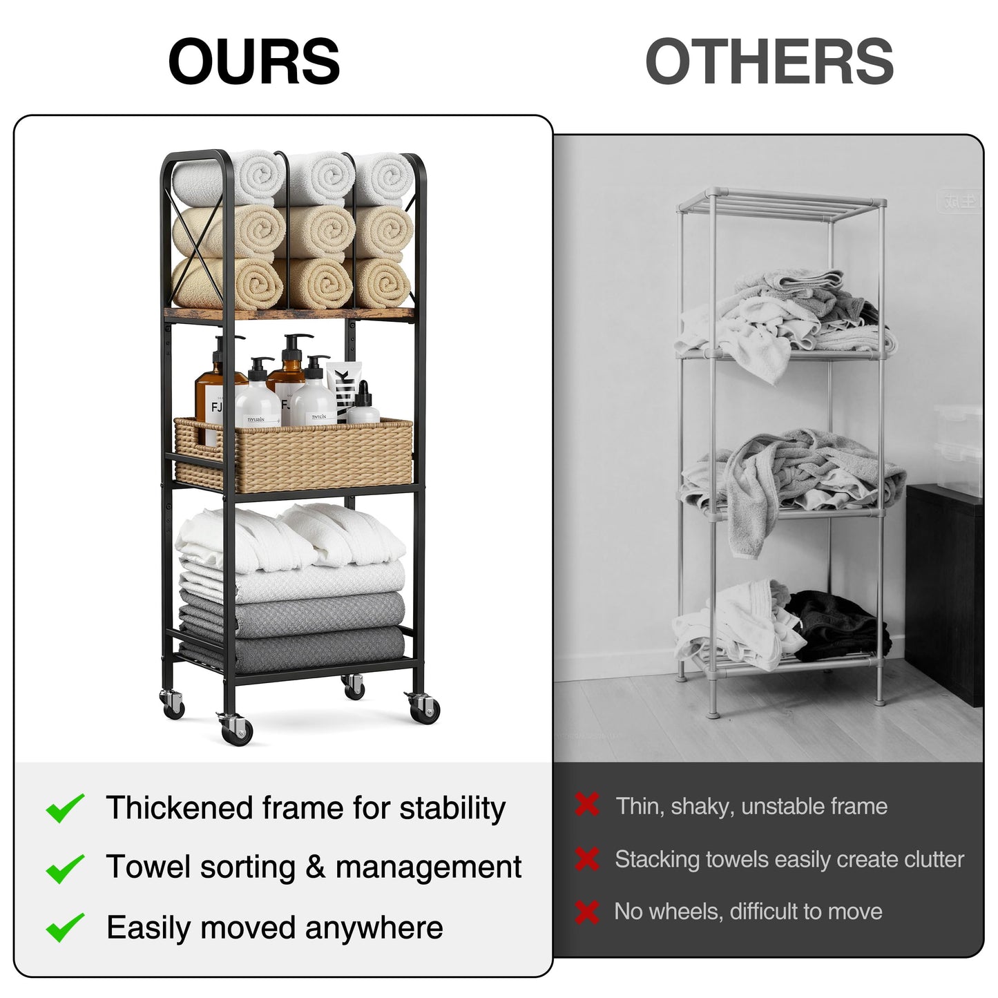 niffgaff 3-Tier Movable Towel Rack, Free-Standing Towel Holder with M-Shaped Detachable Dividers, for Bathroom, Pool