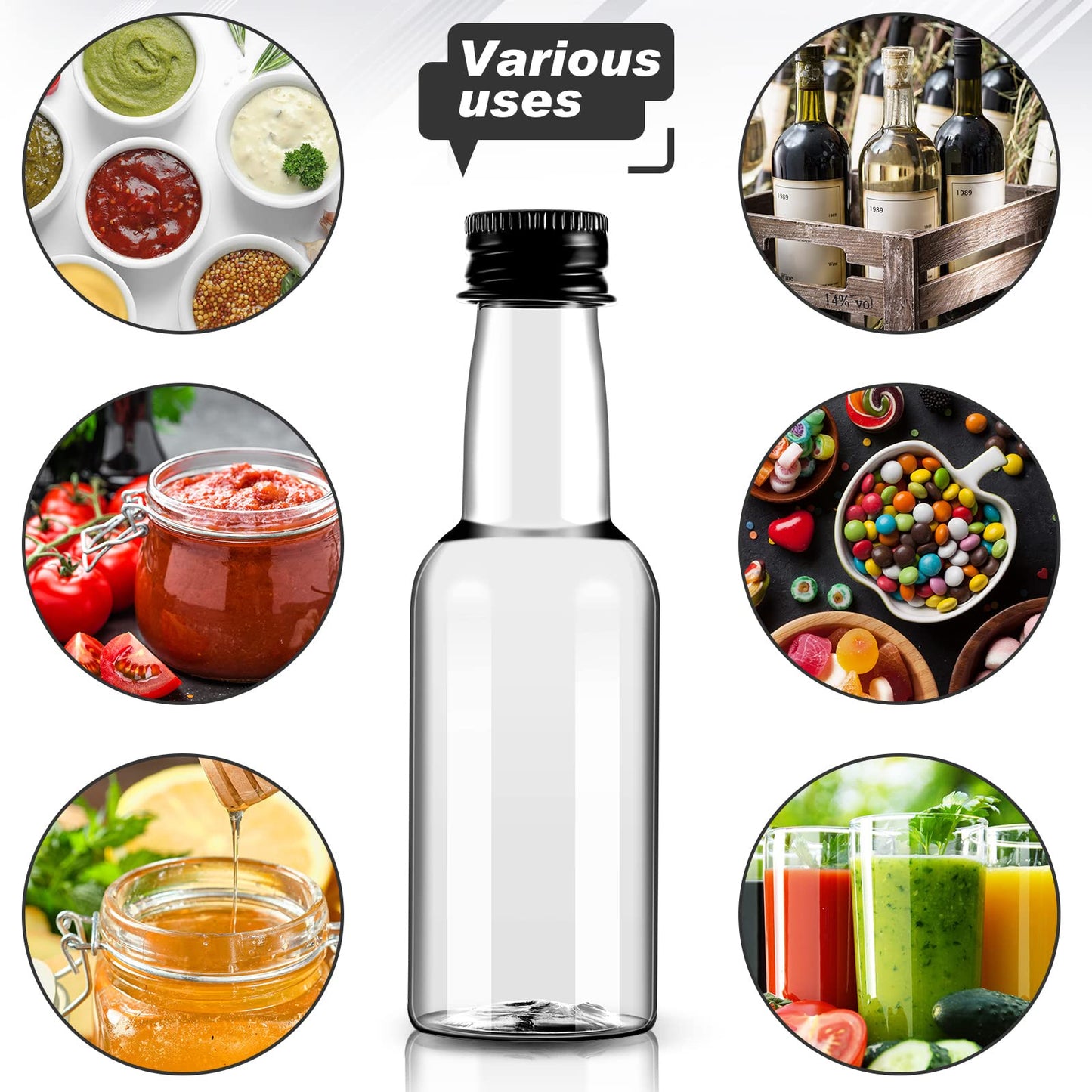 208 Mini Liquor Bottles 1.7 oz Plastic Mini Empty Spirit Bottle with Black Screw Cap Small Wine Hot Sauce Container with Caps Liquid Funnel Easy Pouring Party