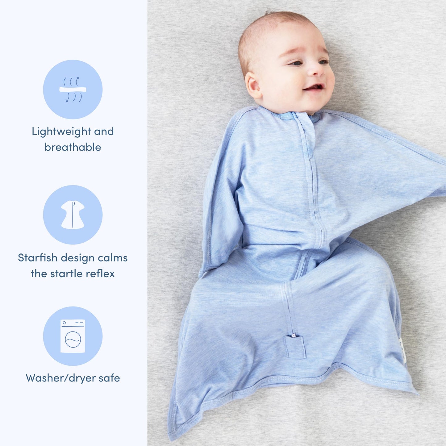 SleepingBaby Zipadee-Zip Transition Swaddle - Cozy Baby Swaddling Blanket with Zipper Convenience - Roomy Wearable Blanket for Easy Diaper Changes - 4-8 Month - Baseline Blue Heather