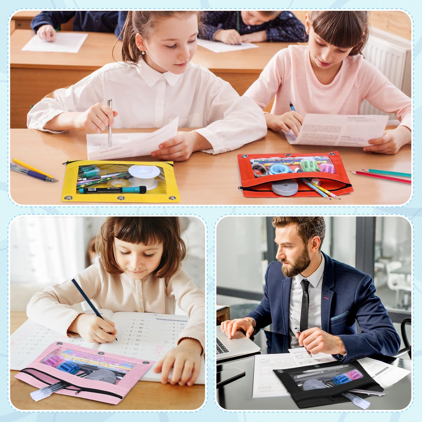 100 Pack 10 Colors Pencil Pouch for 3 Ring Binder, Binder Pencil Pouch with Smooth Zipper, Clear Window Pencil Case Binder, Durable Zipper Pencil Pouch, Bulk Pencil Bags for School and Office Supplies
