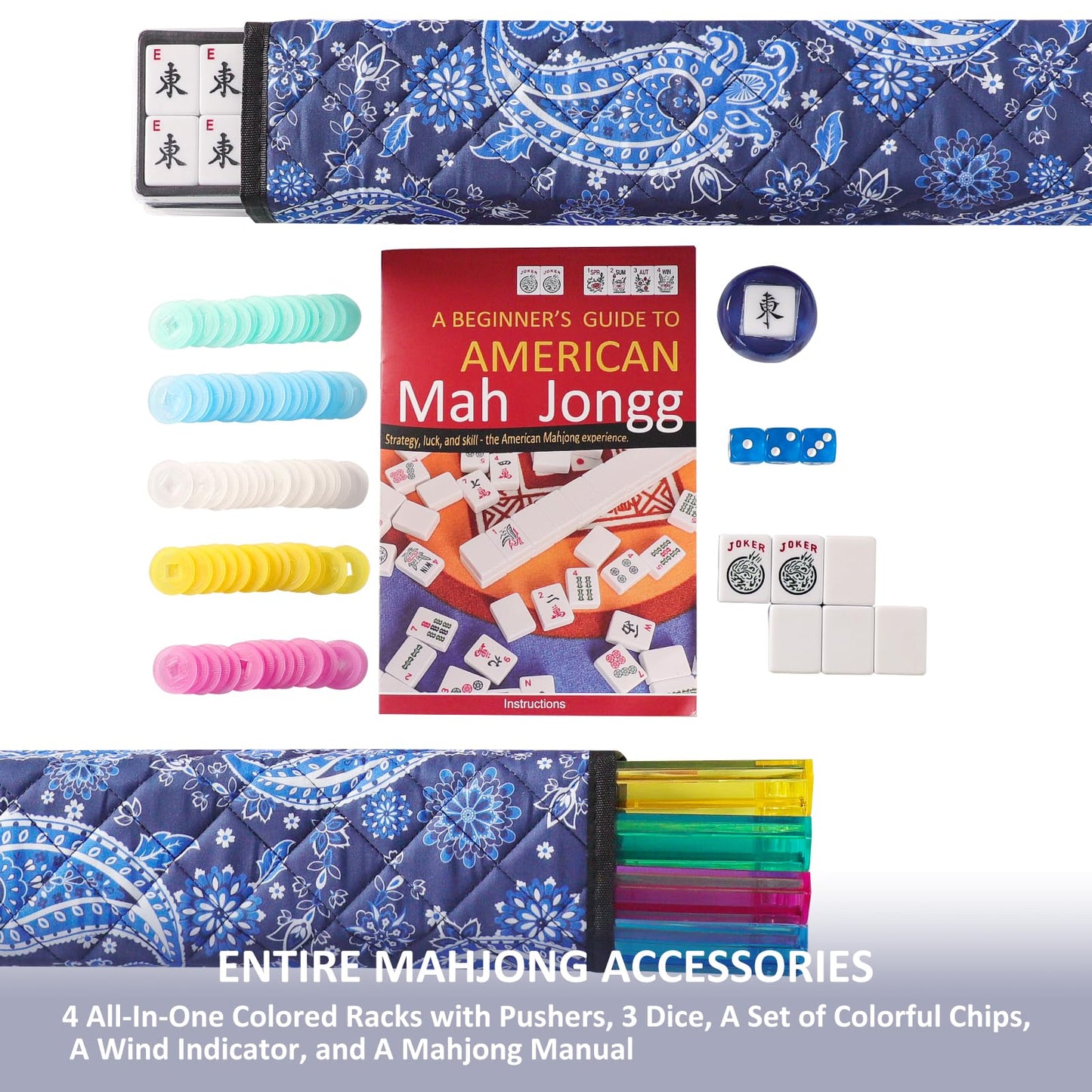 American Mahjong Game Set, 166 White Tiles, Blue Printed Bag with Entire Accessories, 4 All-in-One Rack/Pushers, Mahjong Tiles Set