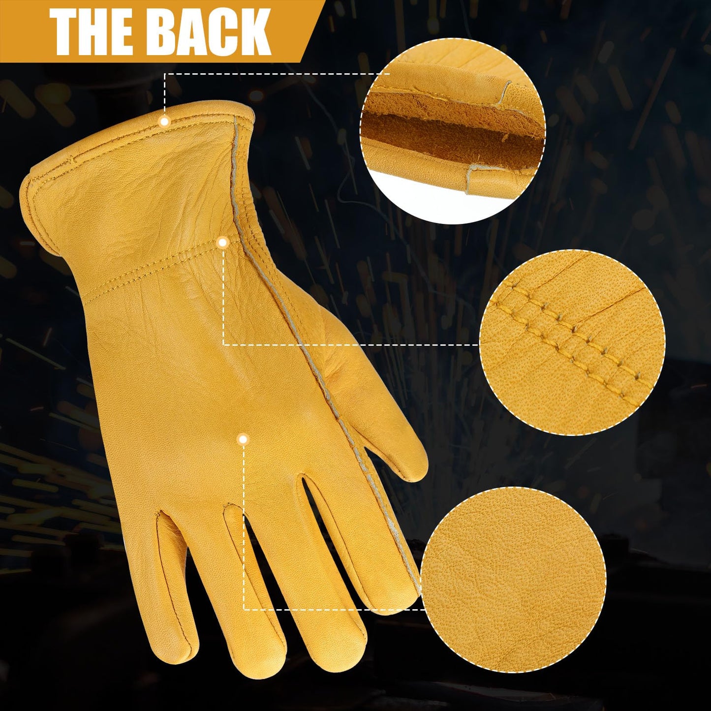 Sintuff 16 Pairs Men's Cowhide Leather Gloves Cowhide Leather Gardening Gloves with Reinforced Palm Stretchable Wrist Tough for Wood Cutting, Construction, Driving, Garden Working(Medium,Yellow)