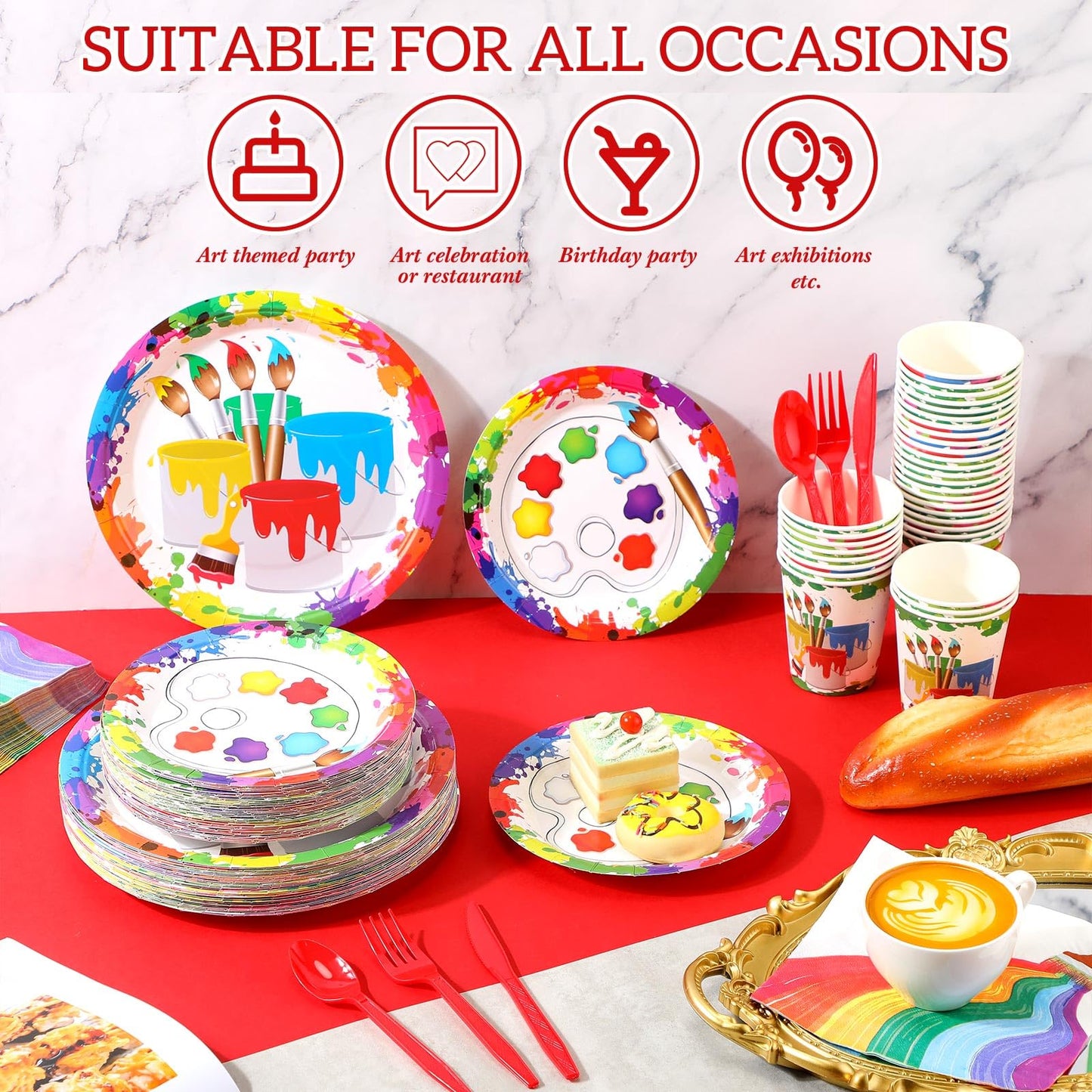 Uiifan 350 Pcs Art Party Decorations Artist Paint Party Supplies Serves 50 Guests Art Themed Birthday Party Supplies Disposable Plates Cups Napkins Knife Fork and Spoon Party Tableware for Birthday