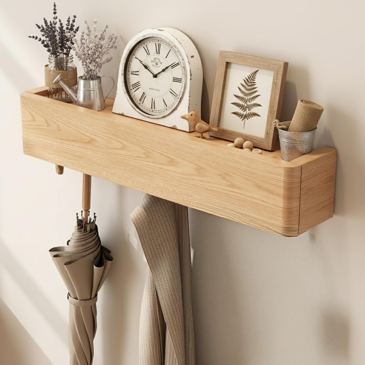 CycleCrew Solid Wood Wall Mounted Coat Rack with Shelf Hooks - Modern Floating Shelves with 5 Hidden Hooks, Heavy Duty Entryway Coat Key Holder Hanger for Hallway Bathroom Bedroom Home Decor