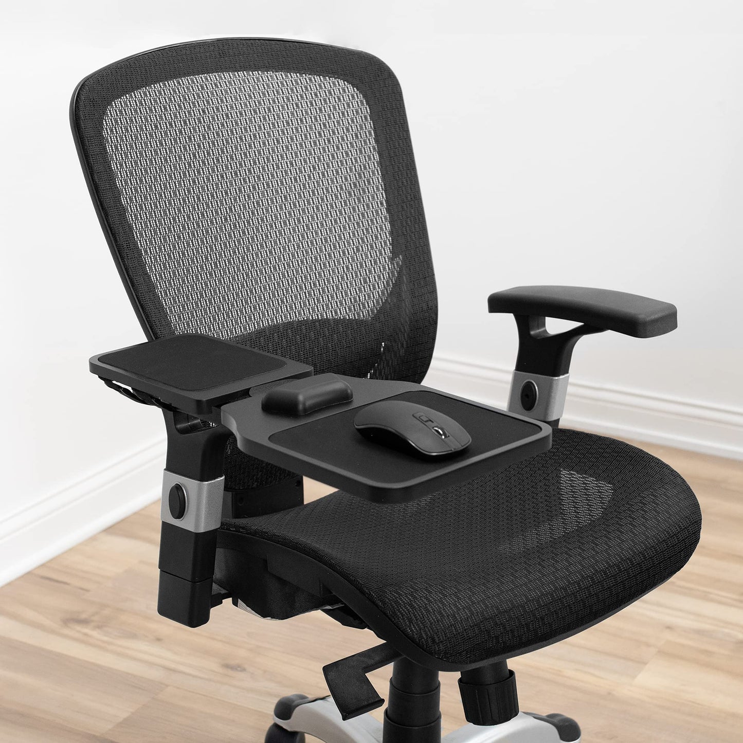 VIVO Wood Adjustable Length Arm Rest Mouse Pad with Wrist Cushion, Extension Platform Tray, Attaches to Chair with Straps, Black, MOUNT-MS02D
