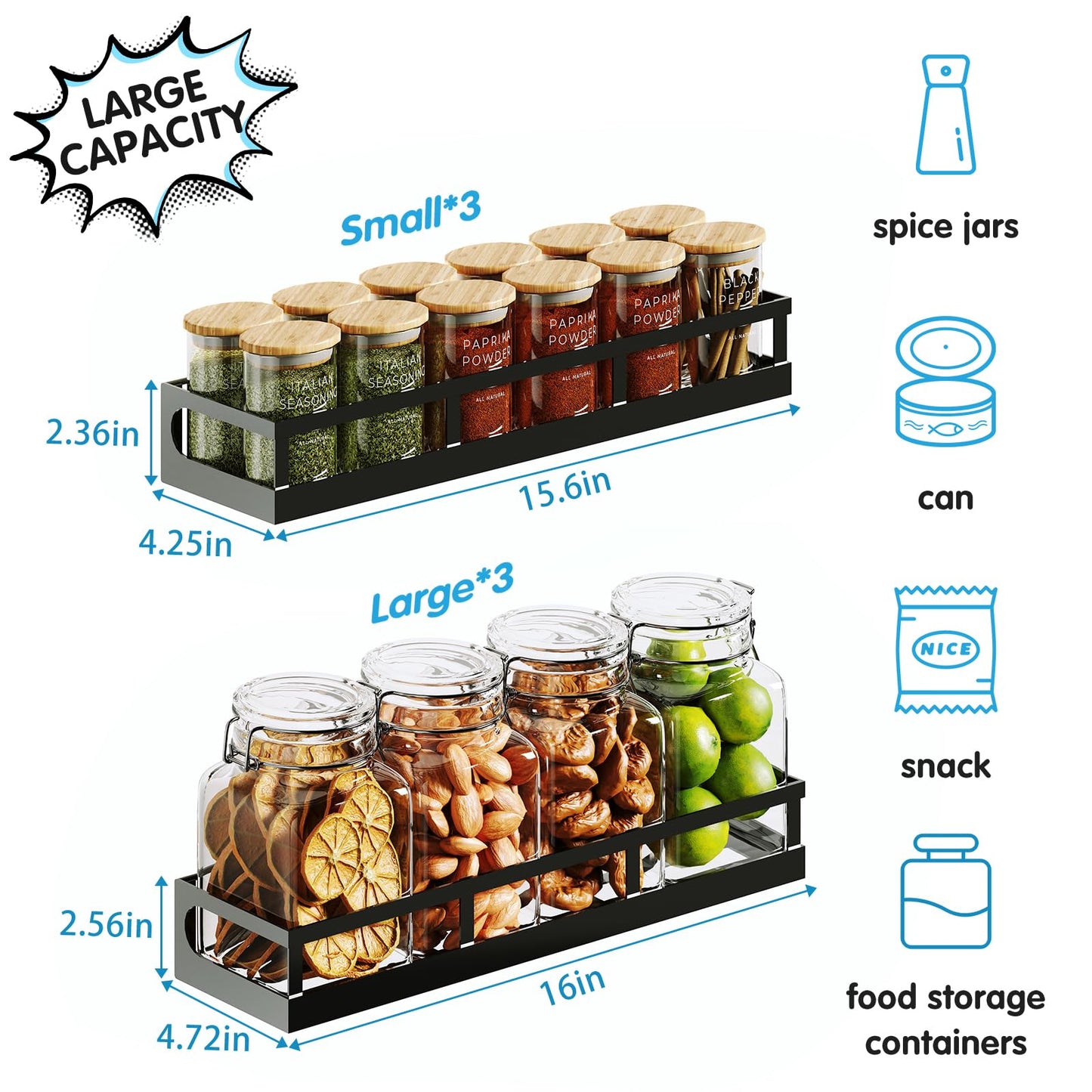 X-cosrack 6-Tier Wall-Mounted Spice Rack Organizer with Mixed Basket Sizes, Height-Adjustable Hanging Spice Shelf for Kitchen Pantry Cabinet, Large-Capacity Seasoning Holder, Black