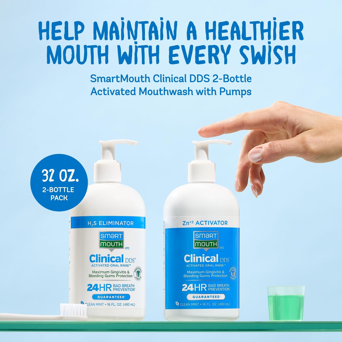 SmartMouth Clinical DDS 2-Bottle Activated Mouthwash with Pumps - Gum Health Support for Adults - 12-Hour Fresh Breath Mouthwash - Clean Mint Flavor, 32 fl oz (16 fl oz per Bottle)