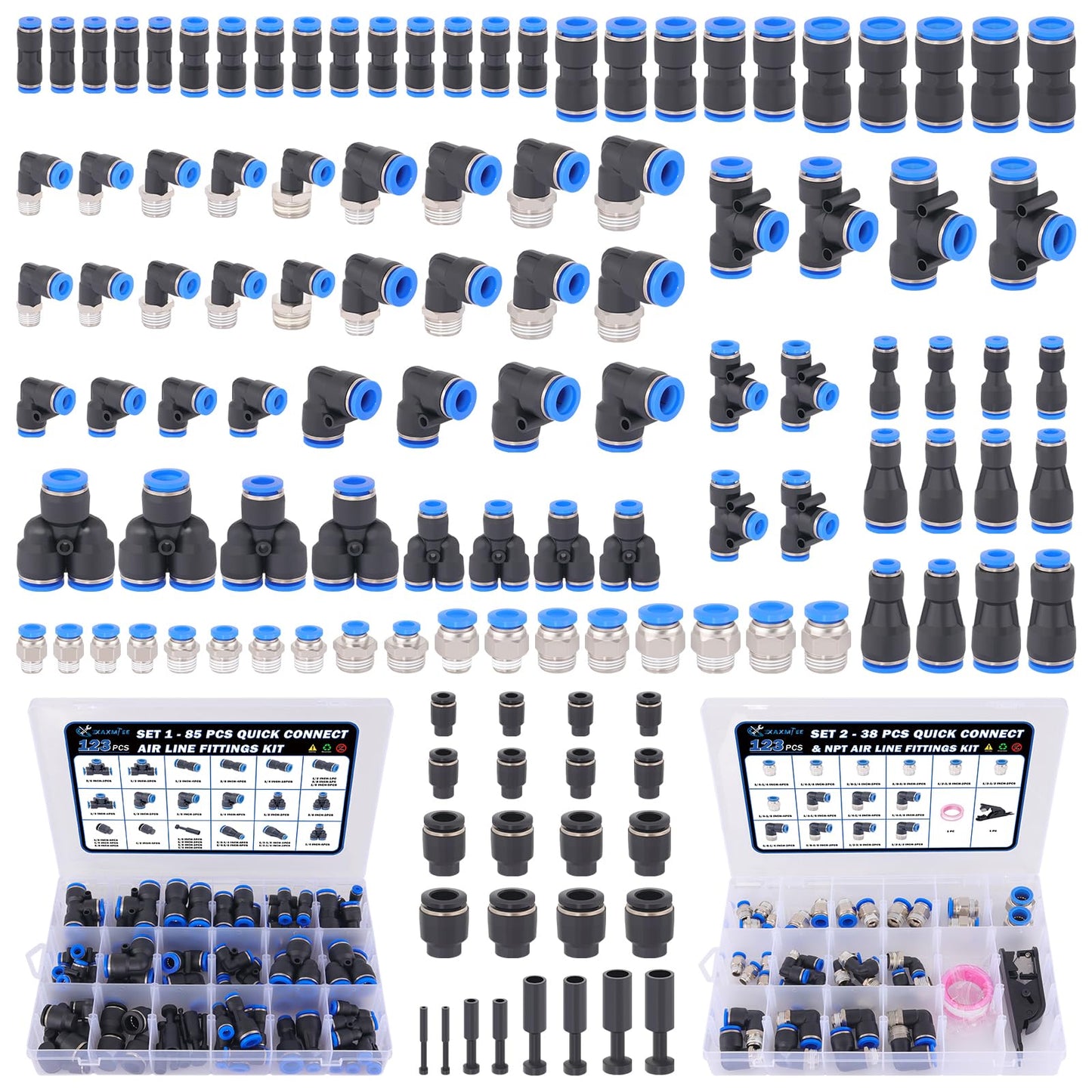 XaXmTee 123 Pcs Quick Connect Air Line Fittings Kit Pneumatic Push Lock Air Fittings 1/8",1/4",3/8",1/2" Push to Connect & NPT Thread Air Hose Fittings Quick Release Airline Fitting Kit