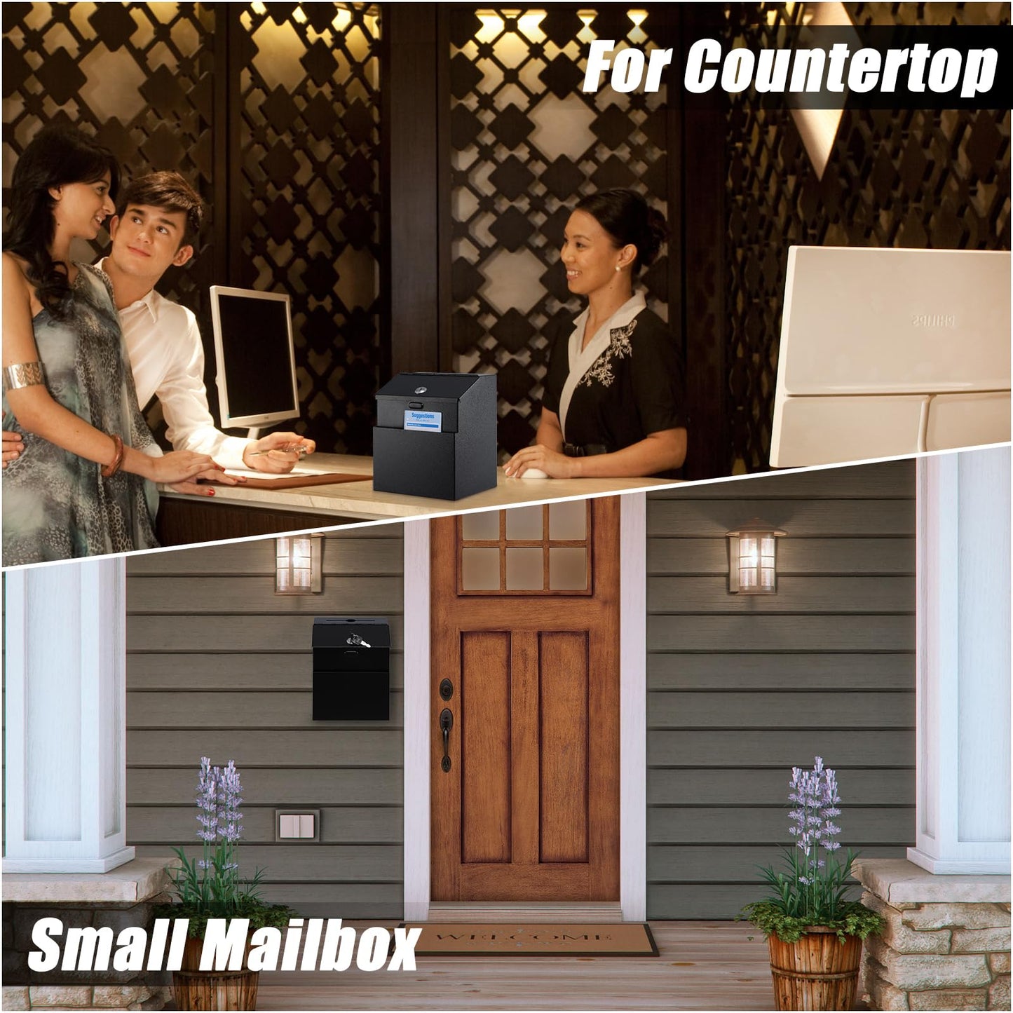KYODOLED Suggestion Box with Lock and Slot, Metal Wall Mounted Money Key Drop Box with 100 Free Suggestion Cards, Donation and Collection for Fundraising, Black, 2Pack
