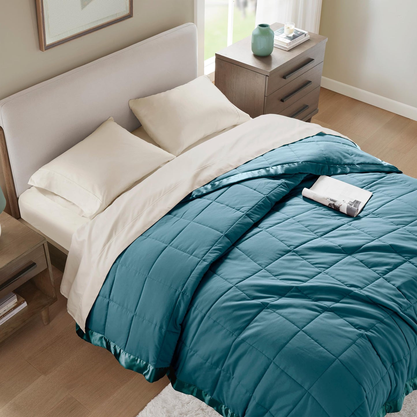 Madison Park Windom Down Alternative Blanket, Premium 3M Scotchgard Moisture Wicking Treatment, Lightweight and Soft Bed Cover For All Season, Satin Trim, Teal Full/Queen