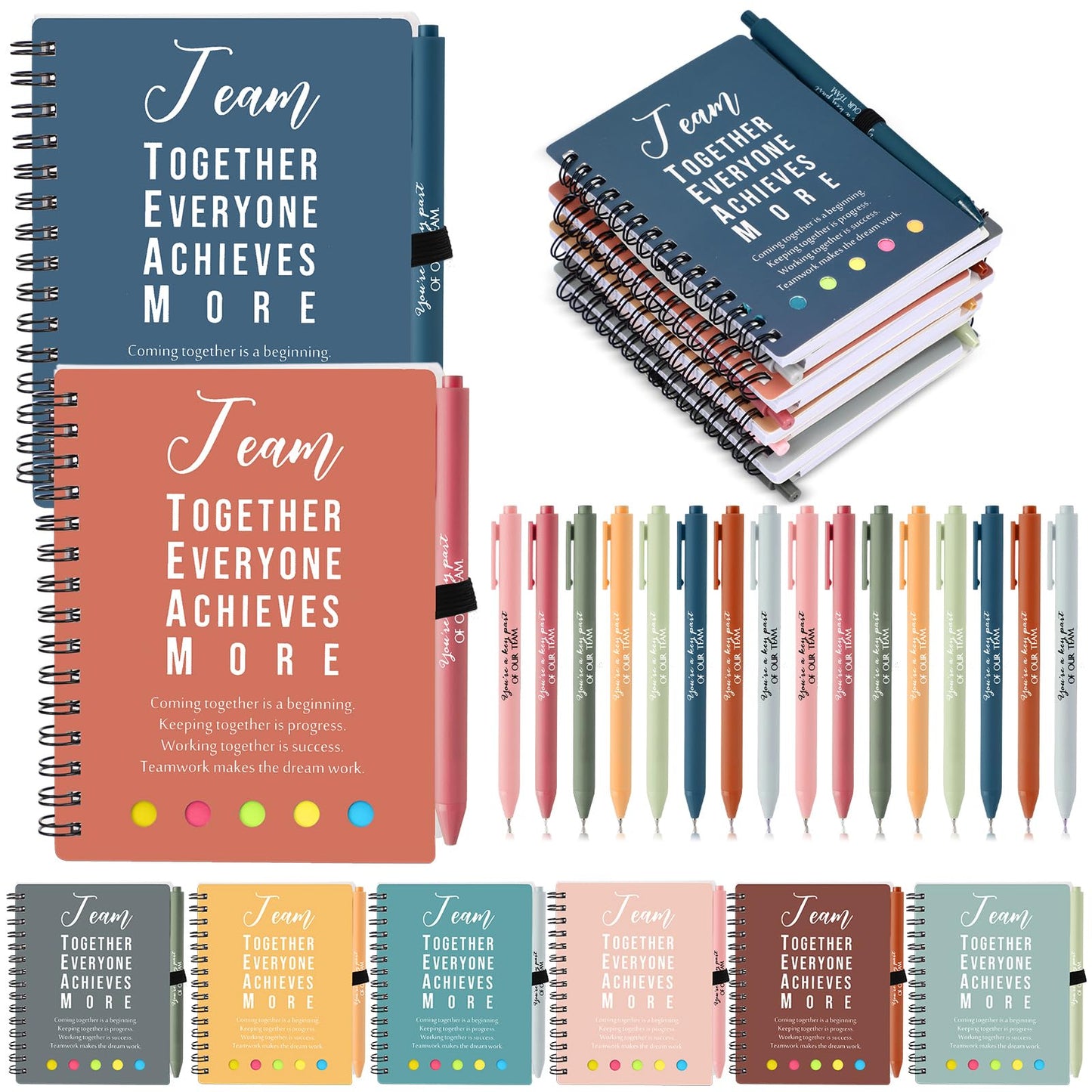 Resurhang 48 Pcs/24 Set End of The Year Teacher Appreciation Gifts Graduation Gift A6 Spiral Notebook with Ballpoint Pen Inspirational Journal for Staff Cna Week Gift(Bright Color,Team Together)