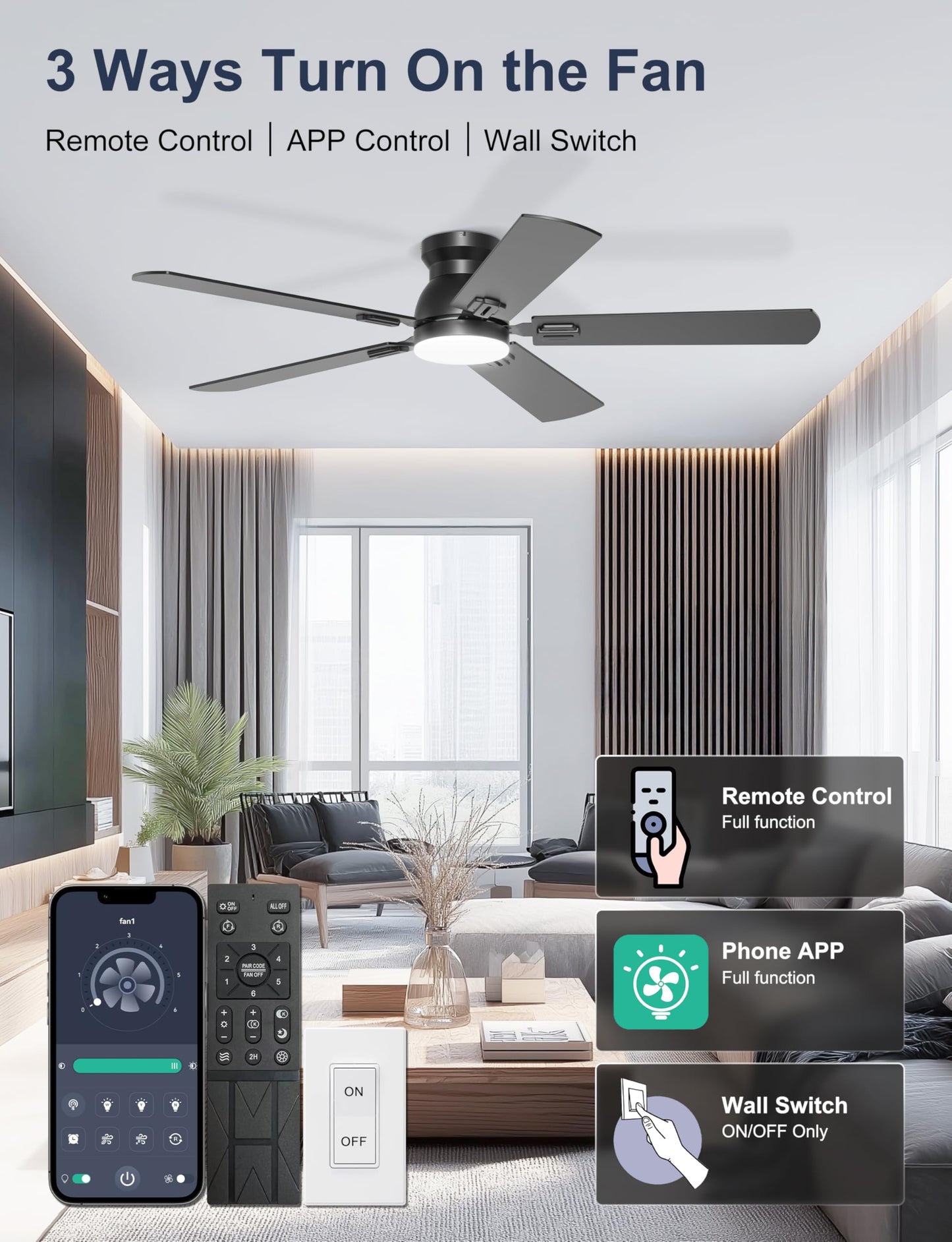 Phylluz 52'' Flush Mount Ceiling Fan with Lights, Space-Saving Low Profile for Low Ceilings, App/Remote Control, Safe Quiet DC Motor for Bedroom Living Room, Dimmable, Black