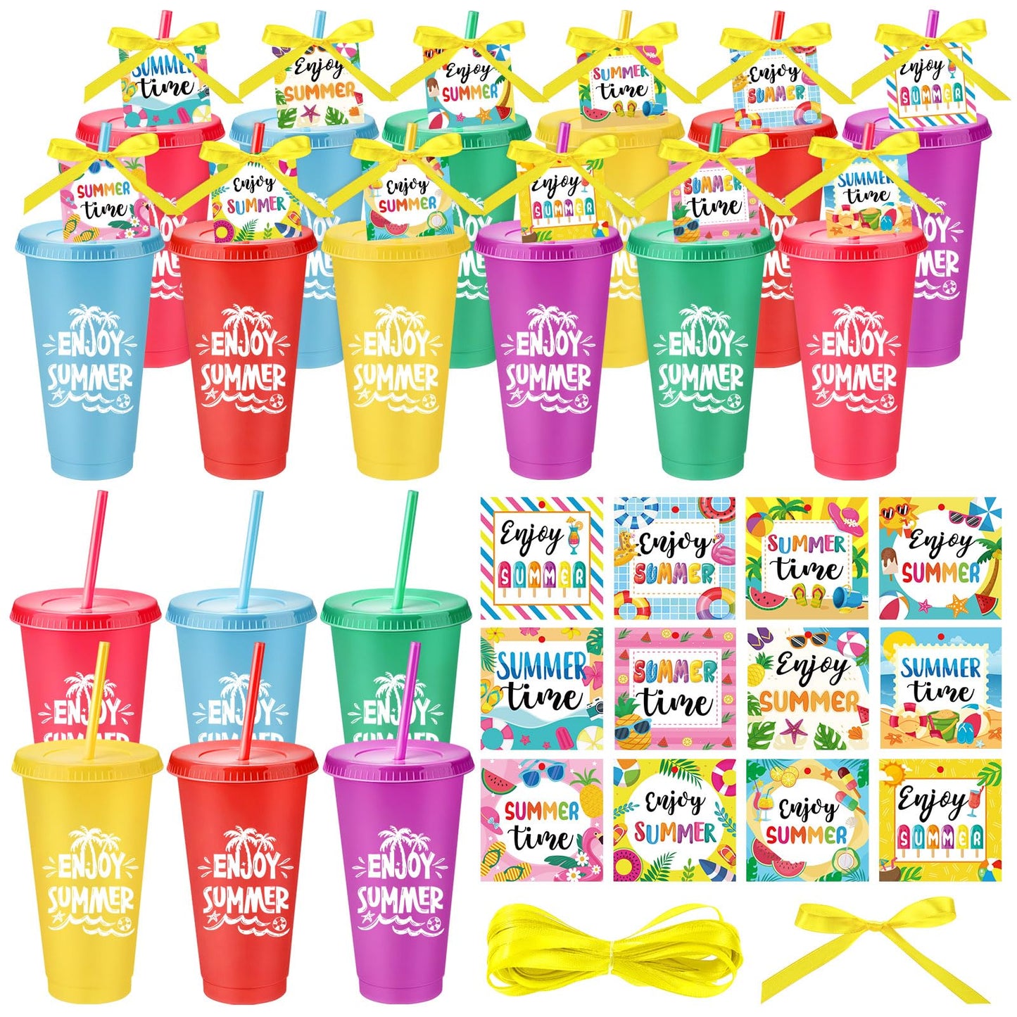 Honeydak 24 Sets End of the Year Gifts for Students Summer Tumbler Bulk 24 oz Plastic Tumbler Cup with Lids Straws and Greeting Card Appreciation Gift for Summer Beach Pool Party Favors Prizes