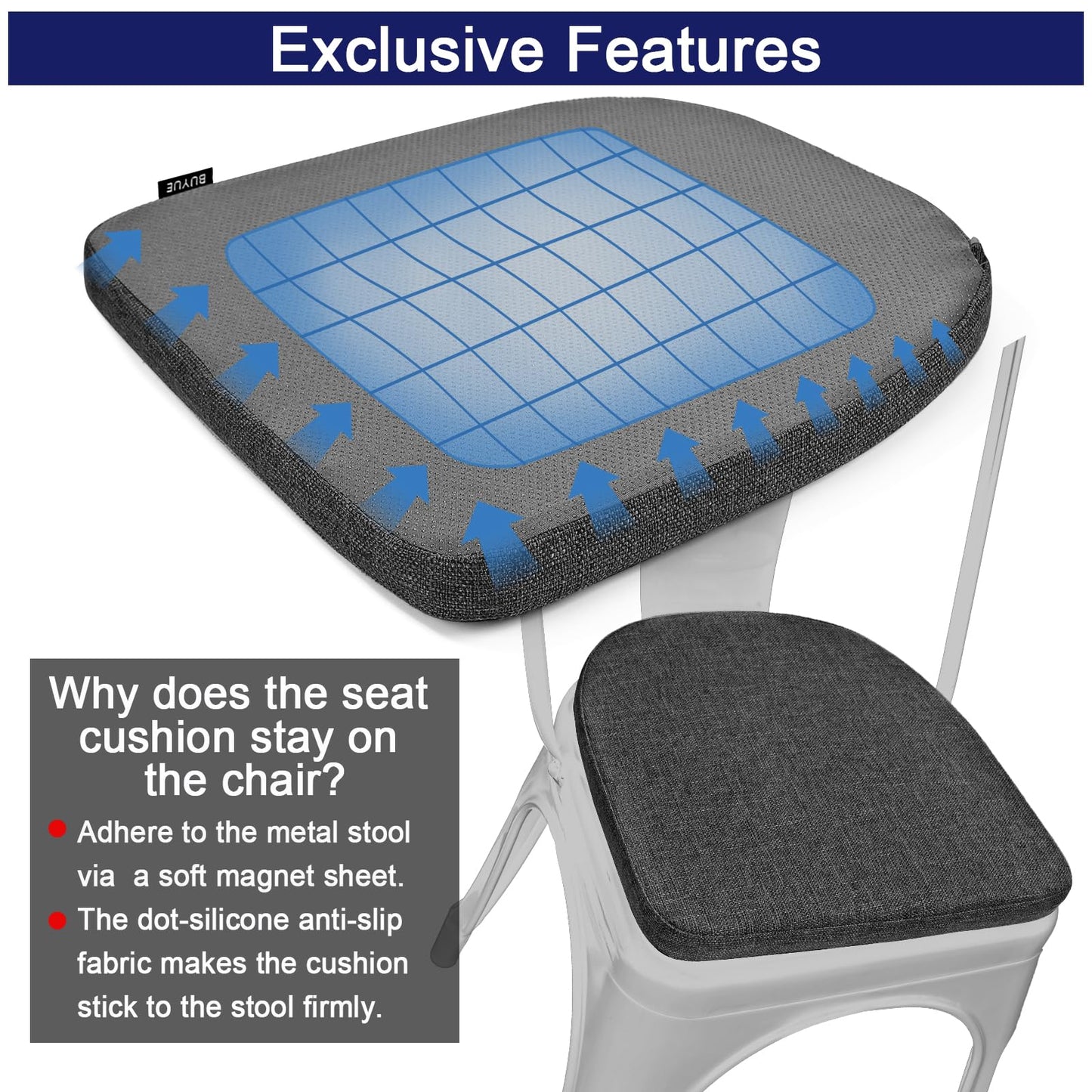 BUYUE Friendly Woven Fabric 14x14 Magnetic Cushions for Metal Chair Set of 4, Enhanced Anti-Slip Seat Pads for Dining Kitchen Café Stackable Chairs (U-Shape, Dark Gray, 4 Counts)
