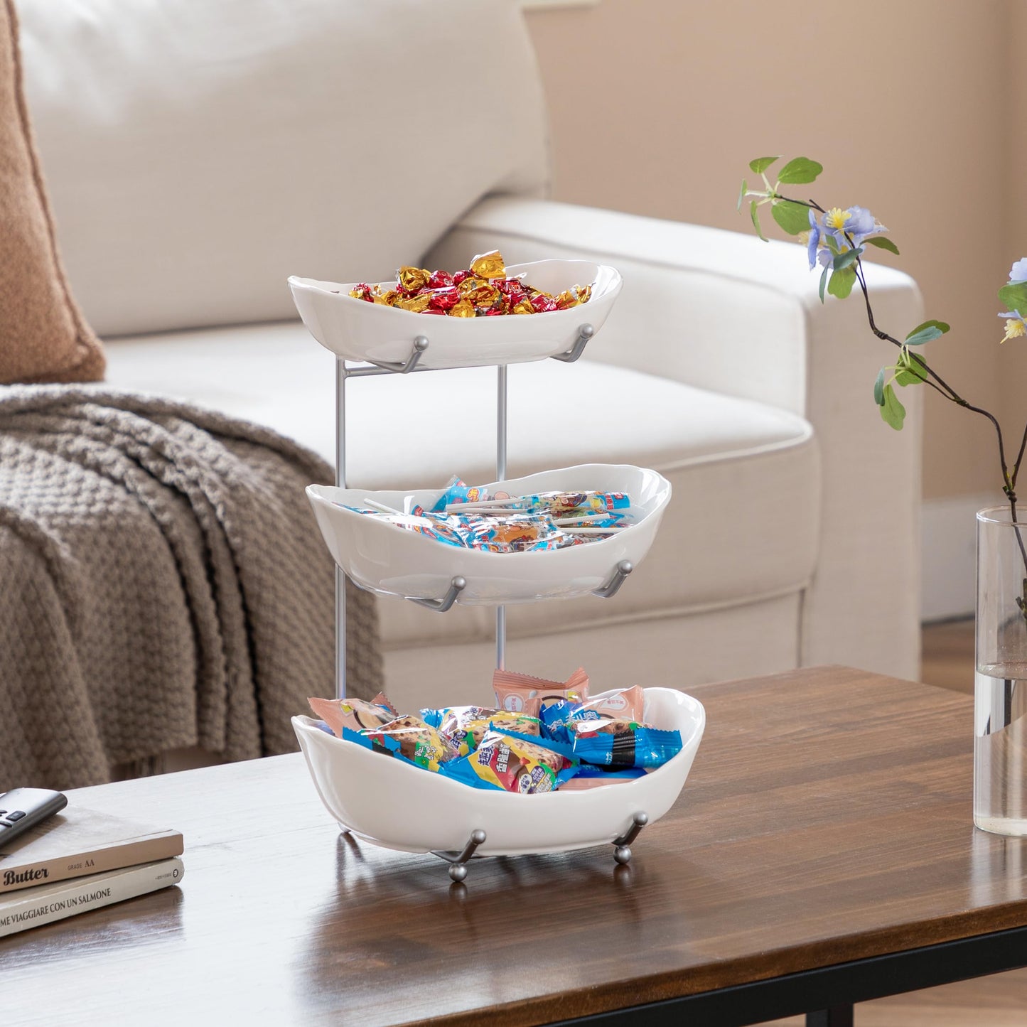 HBlife Fruit Bowl for Kitchen Counter - 3 Tier Ceramic Fruit Bowl with Metal Stand, Tiered Fruit Basket for Kitchen, Snack, Dessert Tray Plate Rack for Party