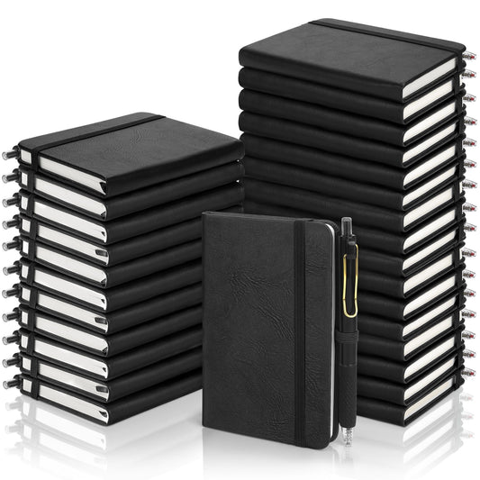Aodaer 50 Sets Pocket Notebook Journal with Pens, 160 Pages, 3.5 x 5.5 Inch Mini Lined Journal Notebook A6 Leather Hardcover College Ruled Notepad with Pen Holder for School Office Gifts, Black