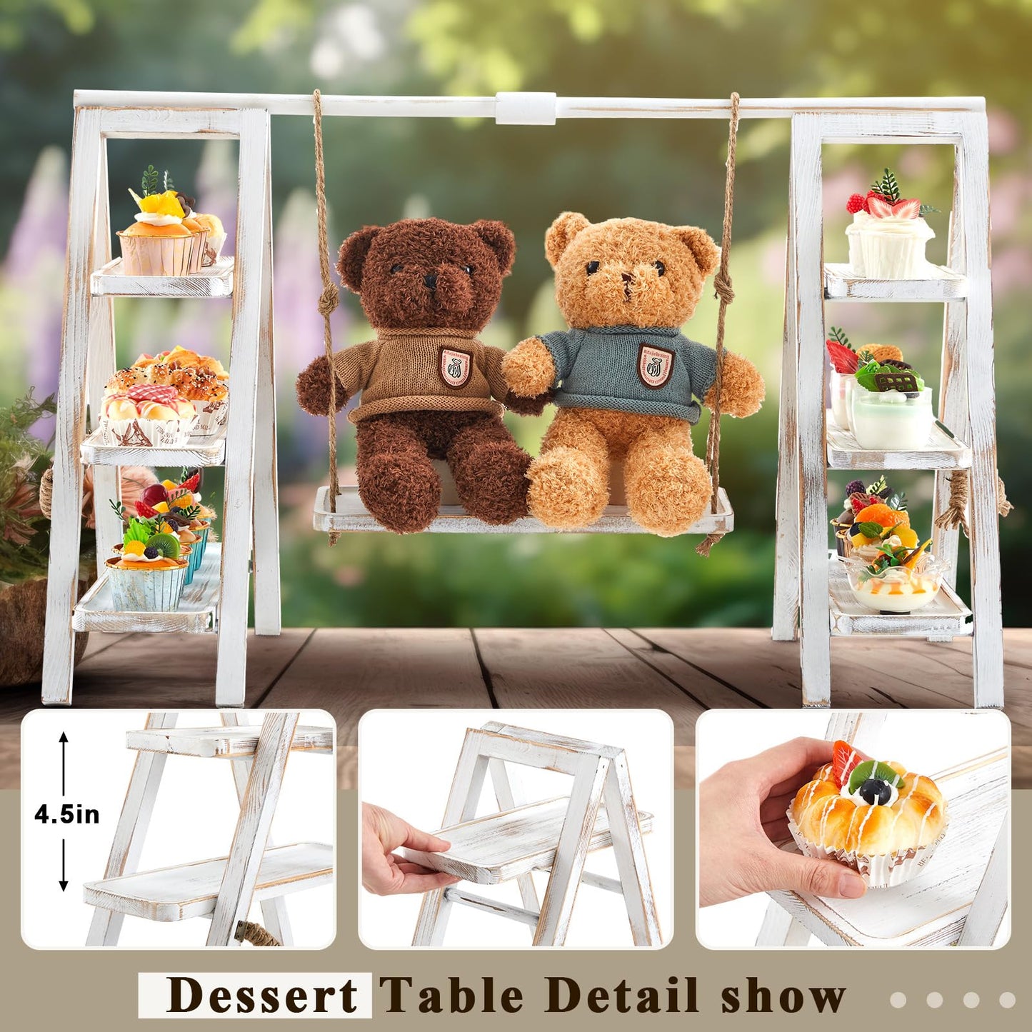 Wooden 3 Tier Swing Cupcake Stand with Serving Platter 20x30 Foldable Ladder Stand Dessert Display Cake Snack Fruit Bread Centerpieces for Party, Birthday, Wedding, Baby Shower(Rustic White)