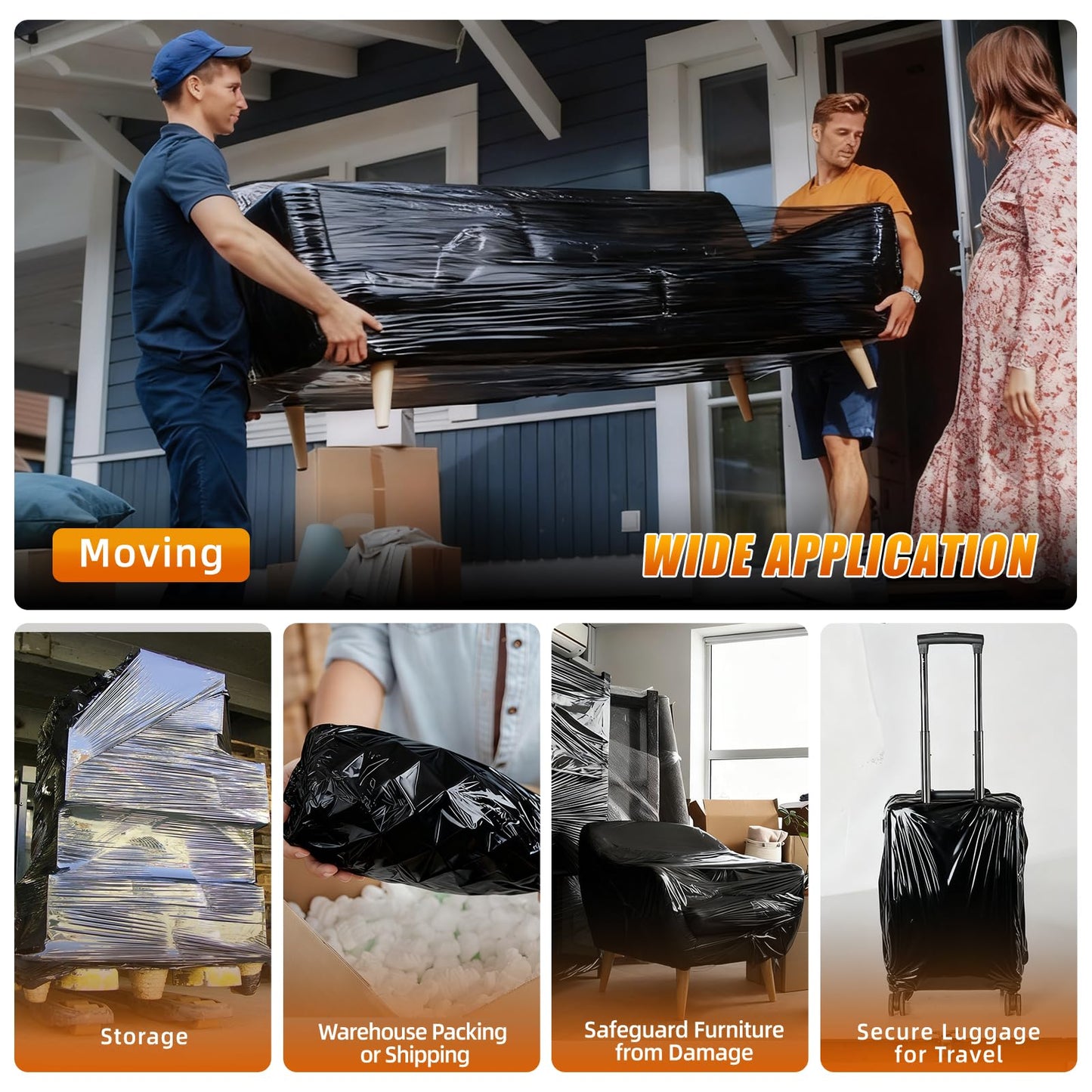 Black Stretch Wrap Shrink Film for Moving Supplies (15inch, 2 Pack) x 1000ft, Industrial Strength Plastic Wrap Stretch Roll for Privacy Protection Pallet Shipping Moving Boxes Furniture with Handles